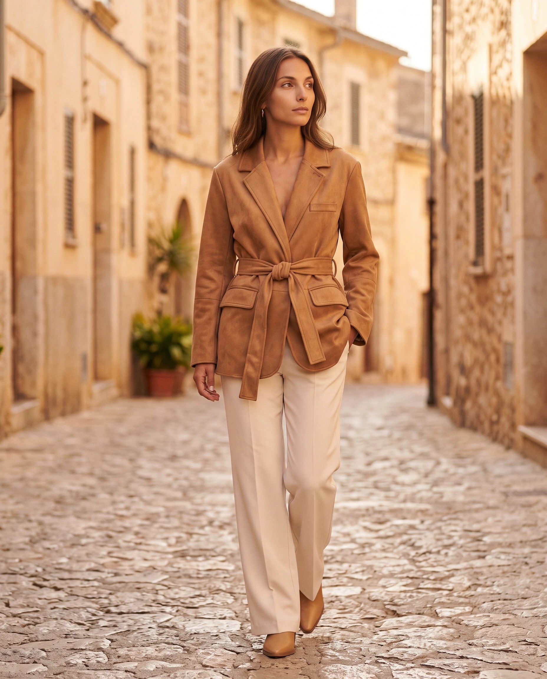 Veste-blazer en suédine camel Cosette, portée dans une ruelle méditerranéenne au soleil couchant