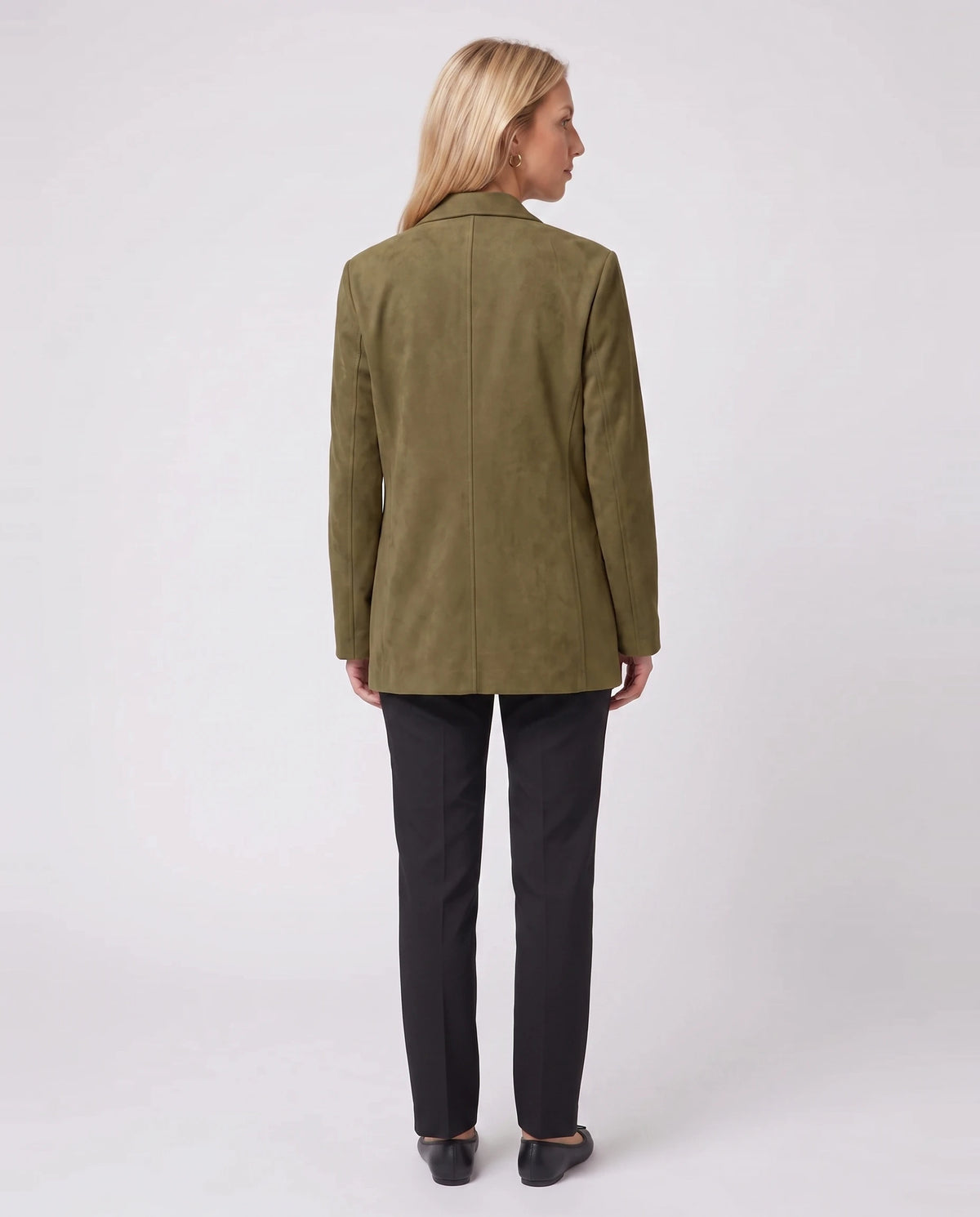 Blazerjacke aus Veloursimitat in Khaki Clothilde, Rückansicht im Studio