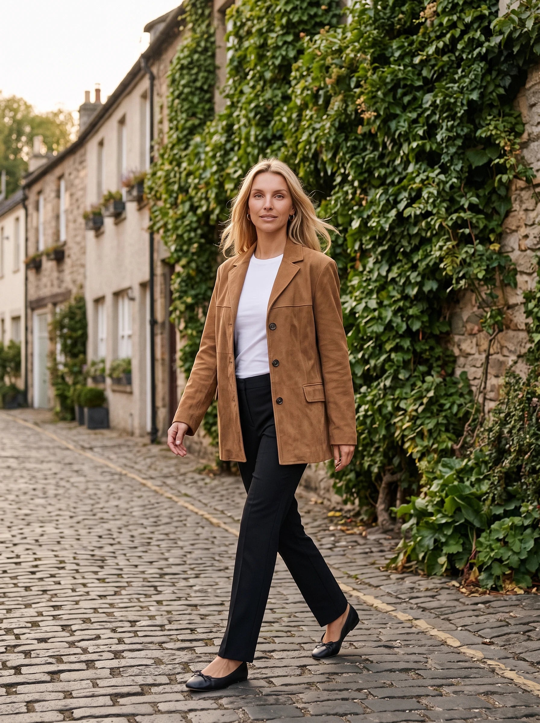Veste-blazer en suédine marron Clothilde, portée le long d'un mur de lierre