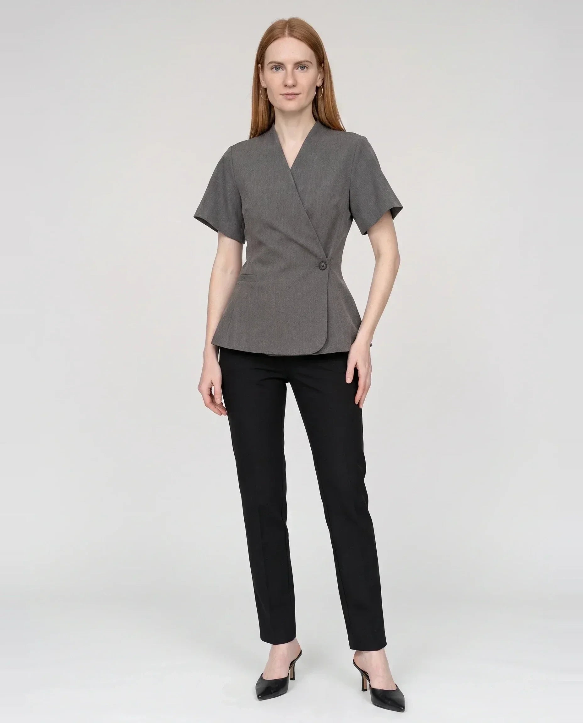 Veste cache-cœur à un bouton gris chiné Célimène, vue de face en studio