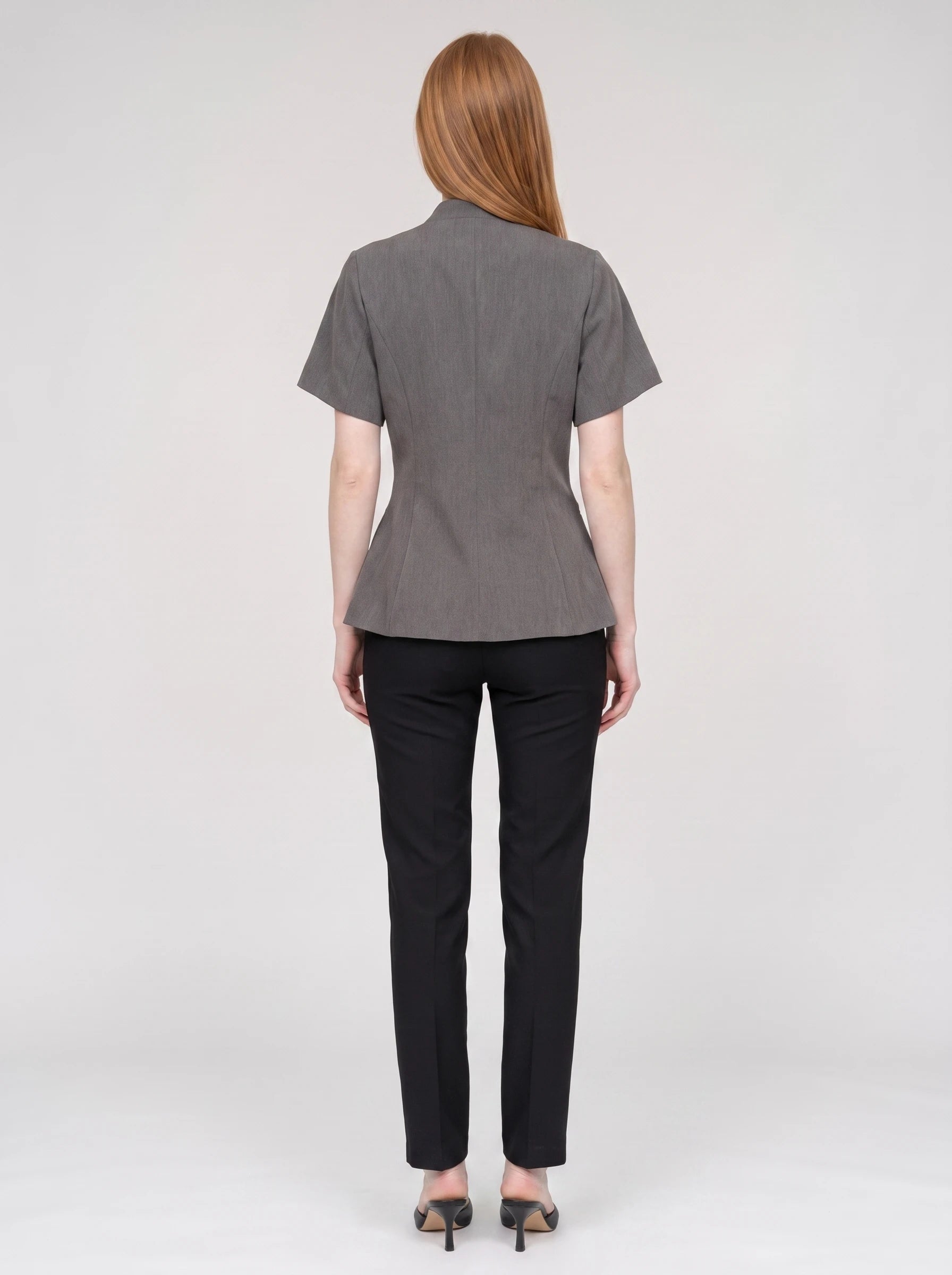 Veste cache-cœur à un bouton gris chiné Célimène, vue de dos en studio