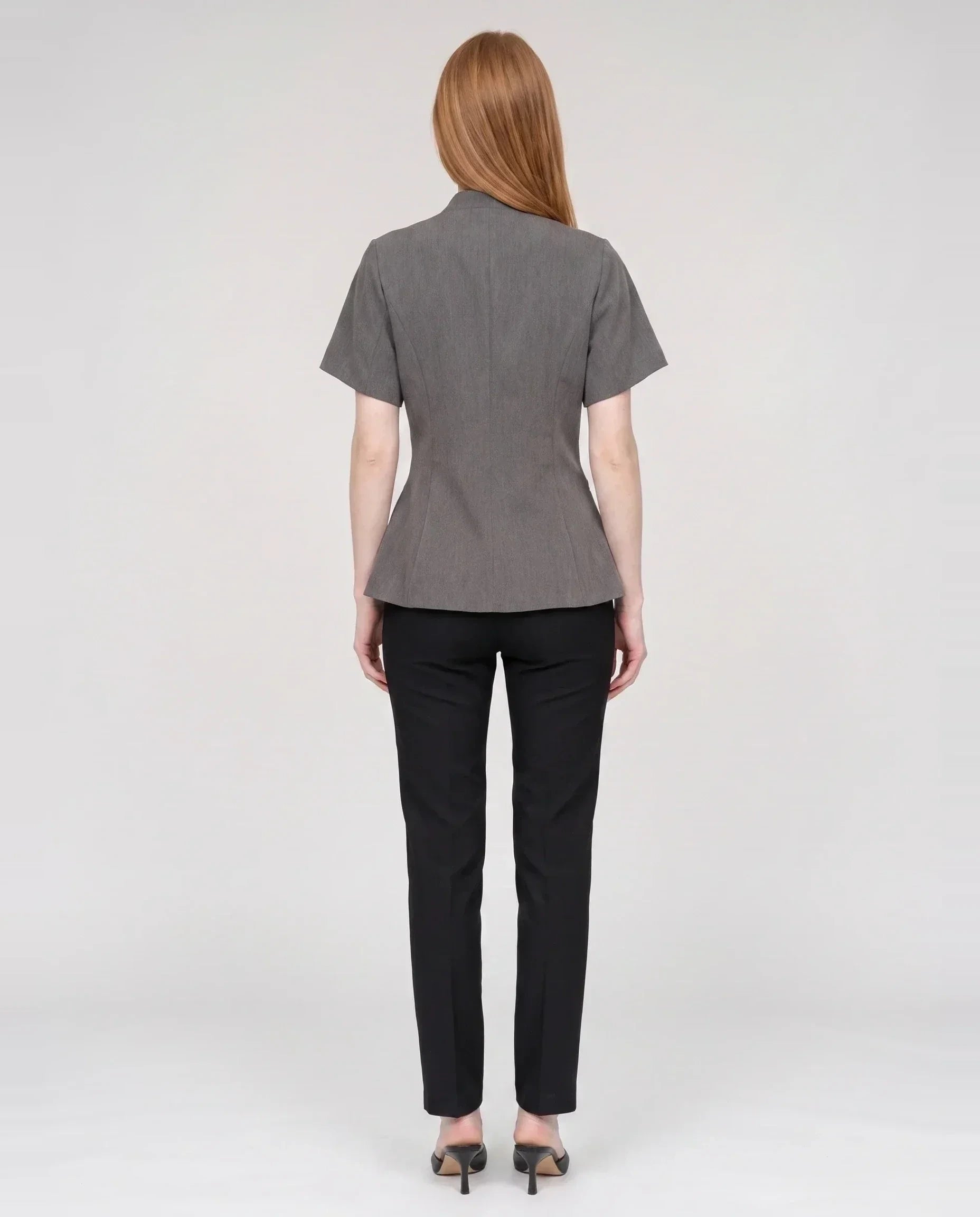Veste cache-cœur à un bouton gris chiné Célimène, vue de dos en studio