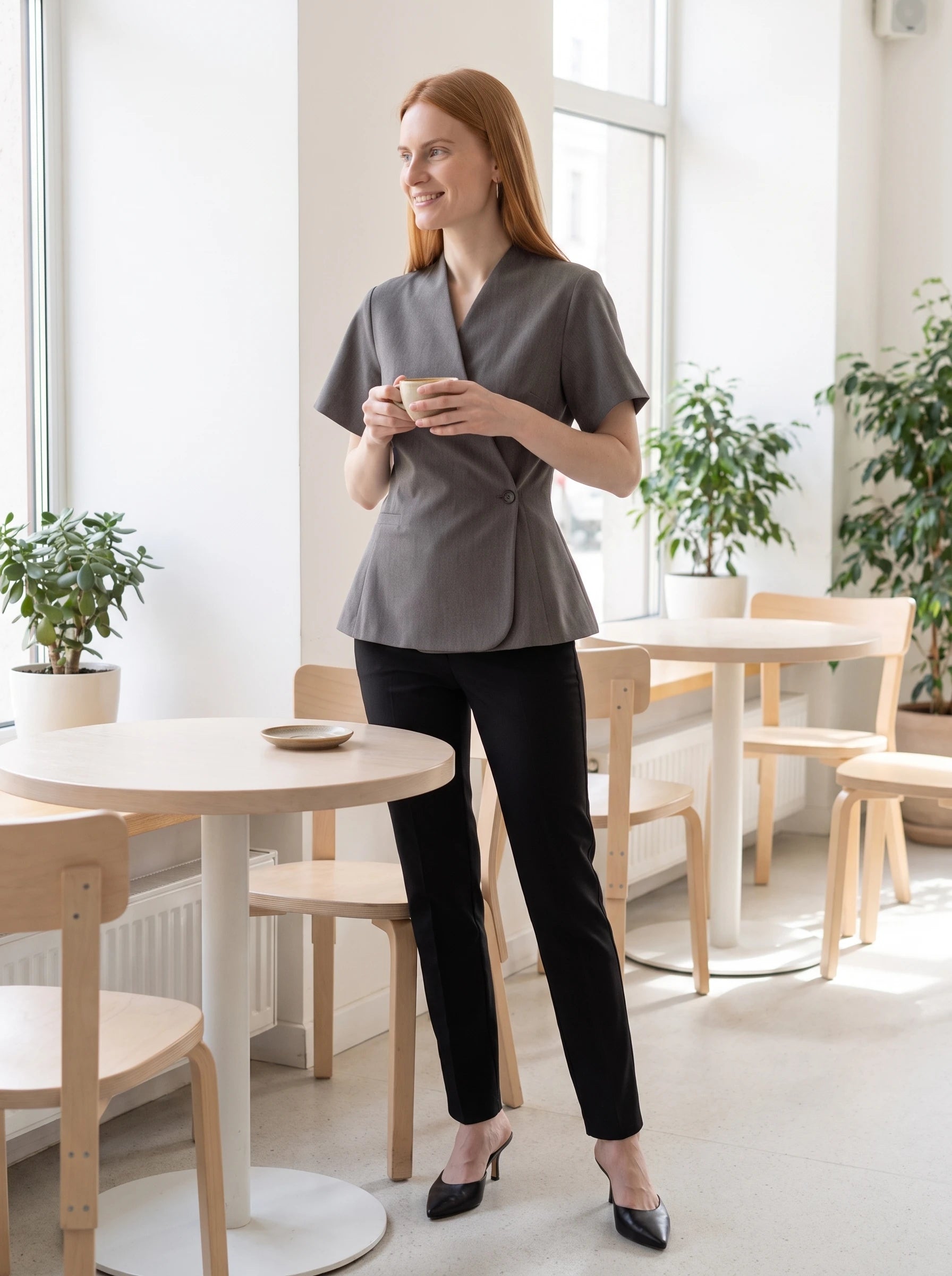 Veste cache-cœur gris chiné Célimène, portée dans un café scandinave lumineux
