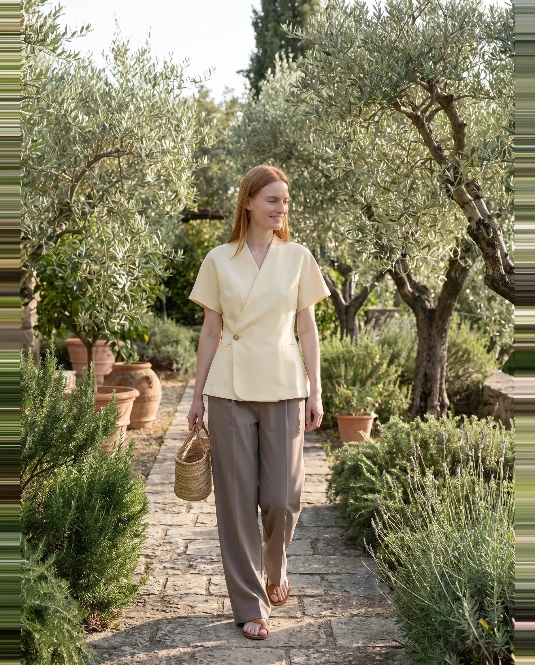 Veste cache-cœur vanille Célimène, portée dans un jardin d'oliviers au matin