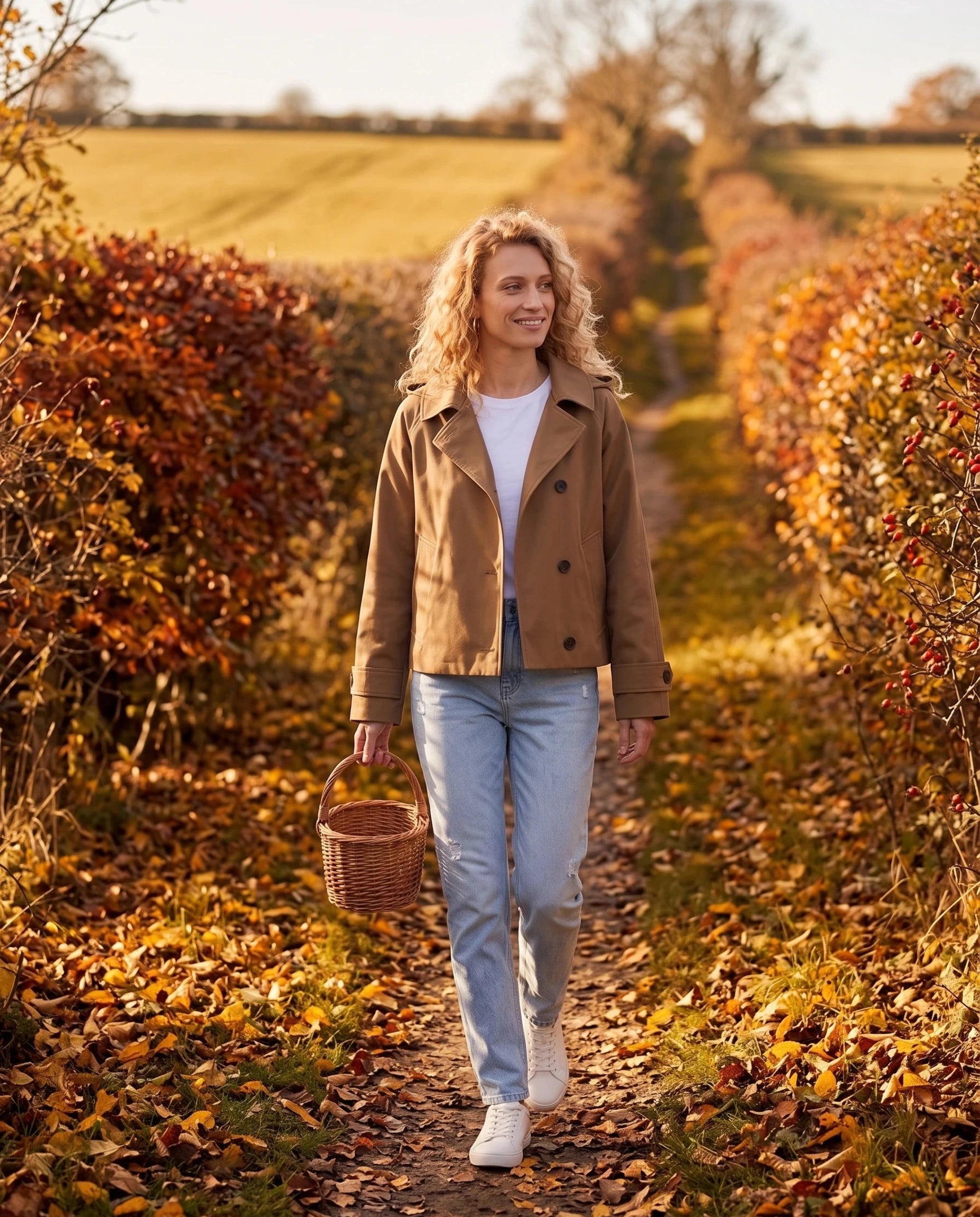 Veste à capuche brun Georgette, portée sur un chemin de campagne en automne
