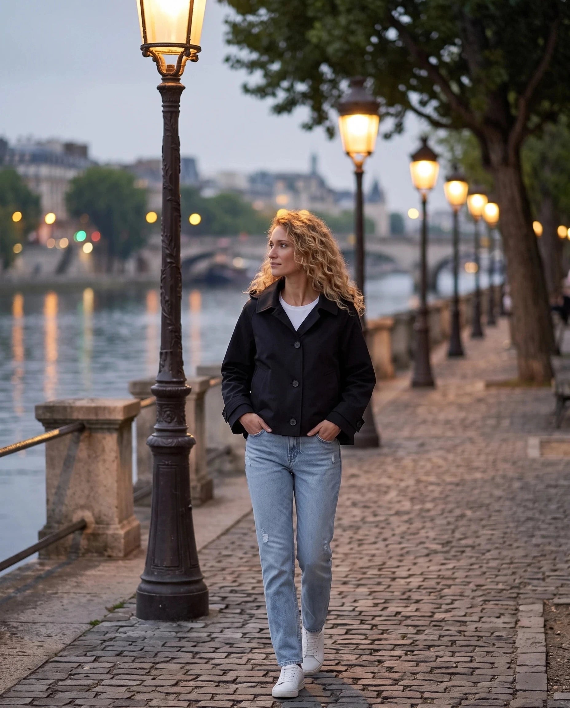 Veste à capuche noir Georgette, portée sur une promenade au bord de l'eau le soir