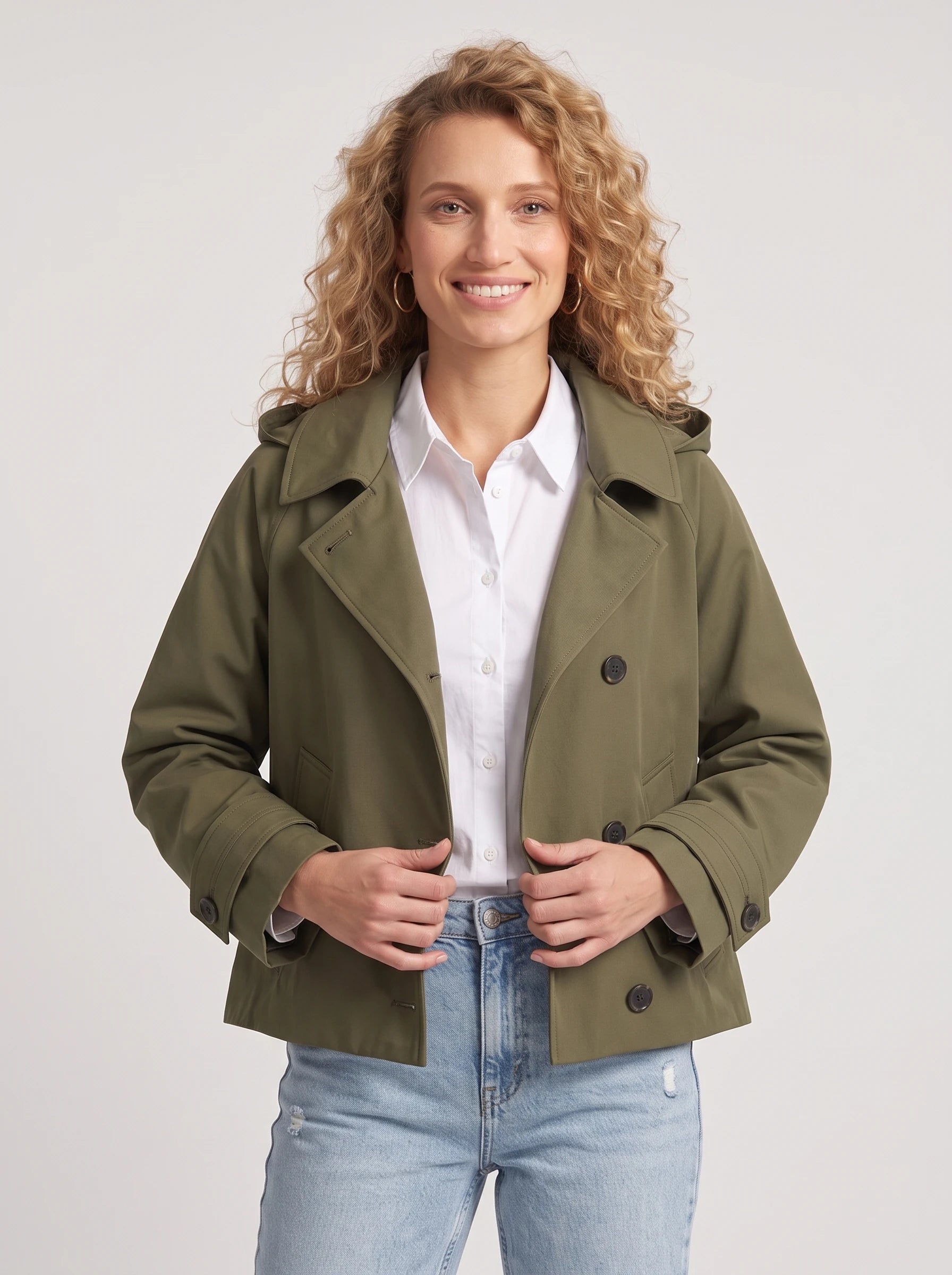 Veste courte à capuche façon trench vert armée Georgette, plan rapproché en studio