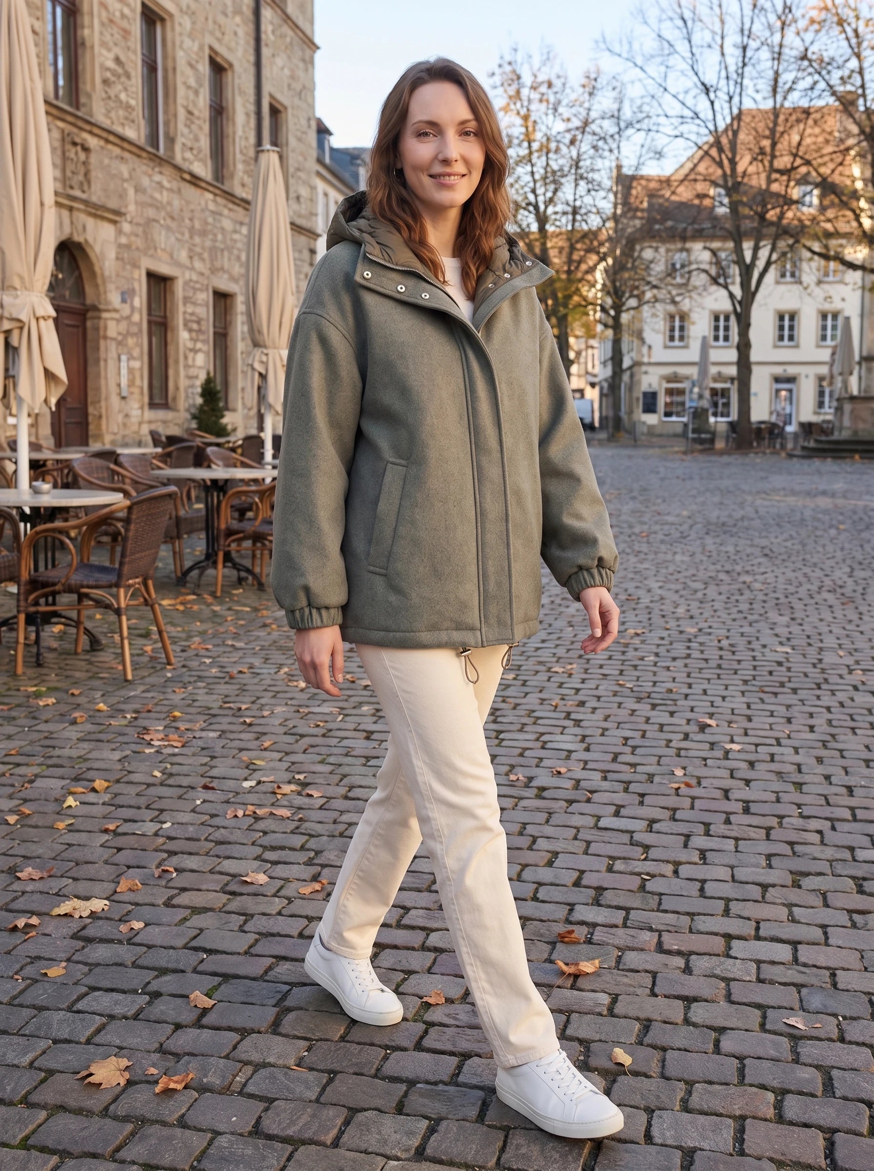 Veste à capuche matelassée Gwenaëlle, portée sur une place pavée un matin d'automne