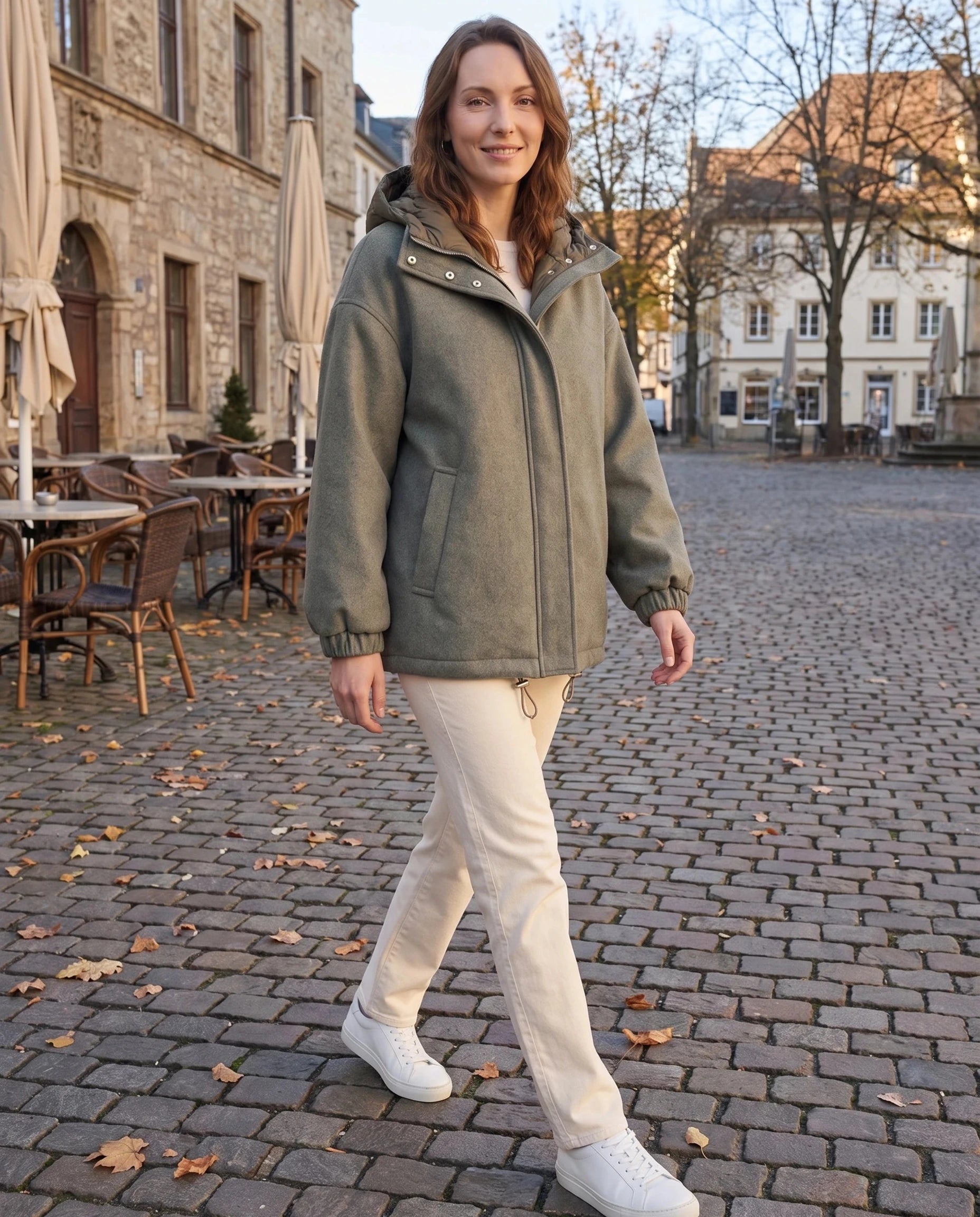 Veste à capuche matelassée Gwenaëlle, portée sur une place pavée un matin d'automne