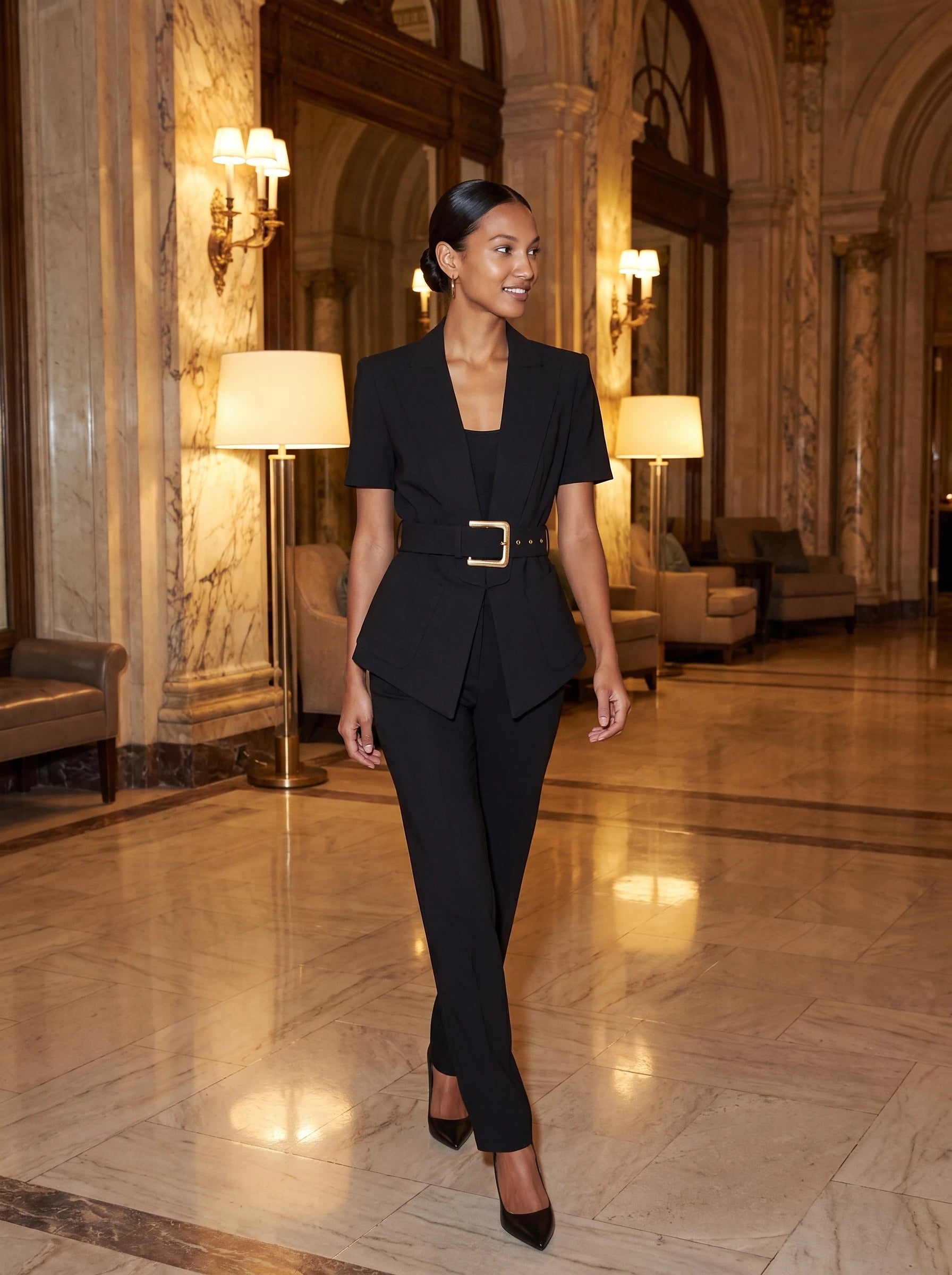 Veste ceinturée noire Aimée, portée dans un hall en marbre aux lampes chaudes