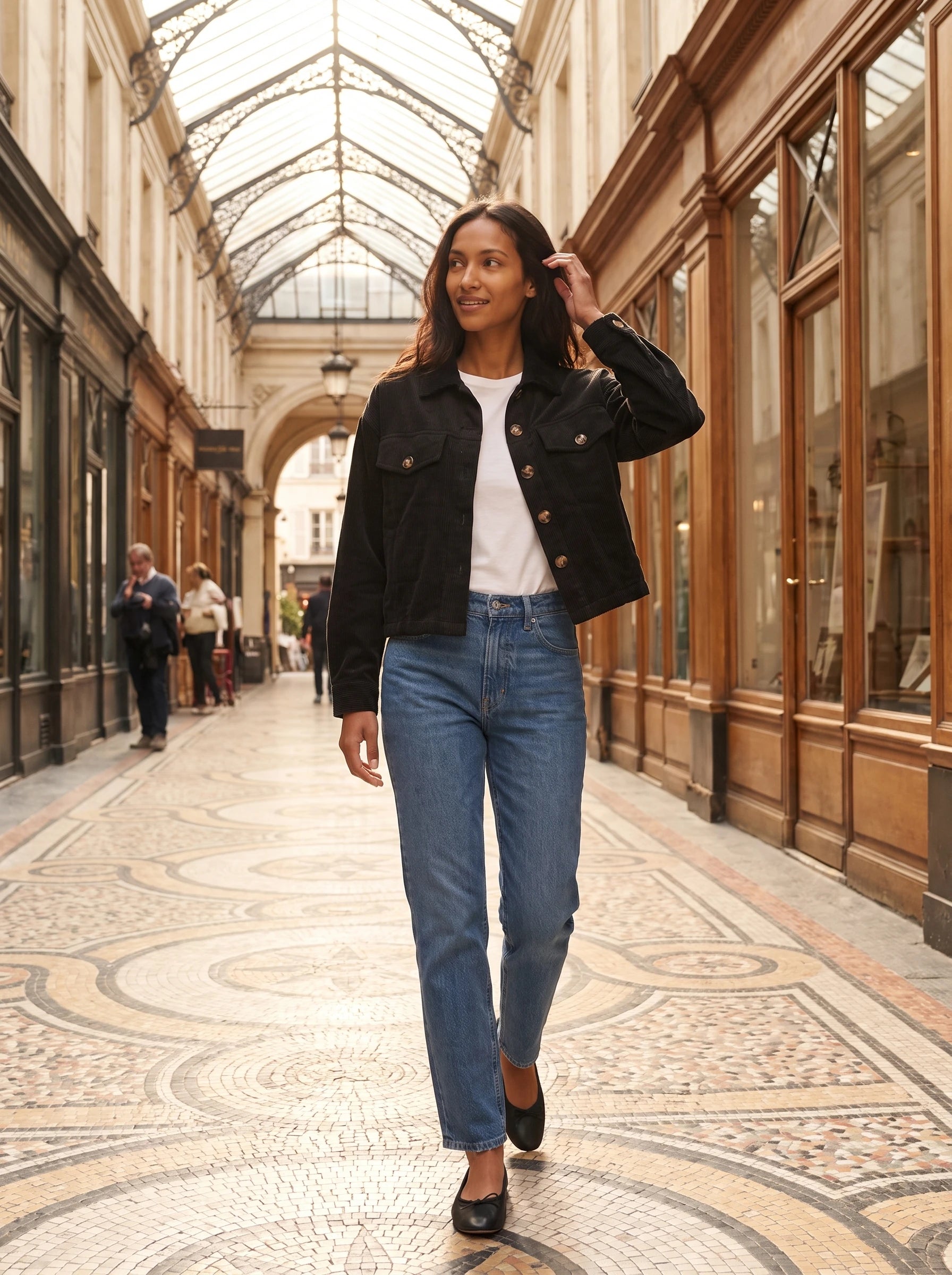 Veste chemise en velours côtelé noire Josette, portée dans un passage couvert parisien