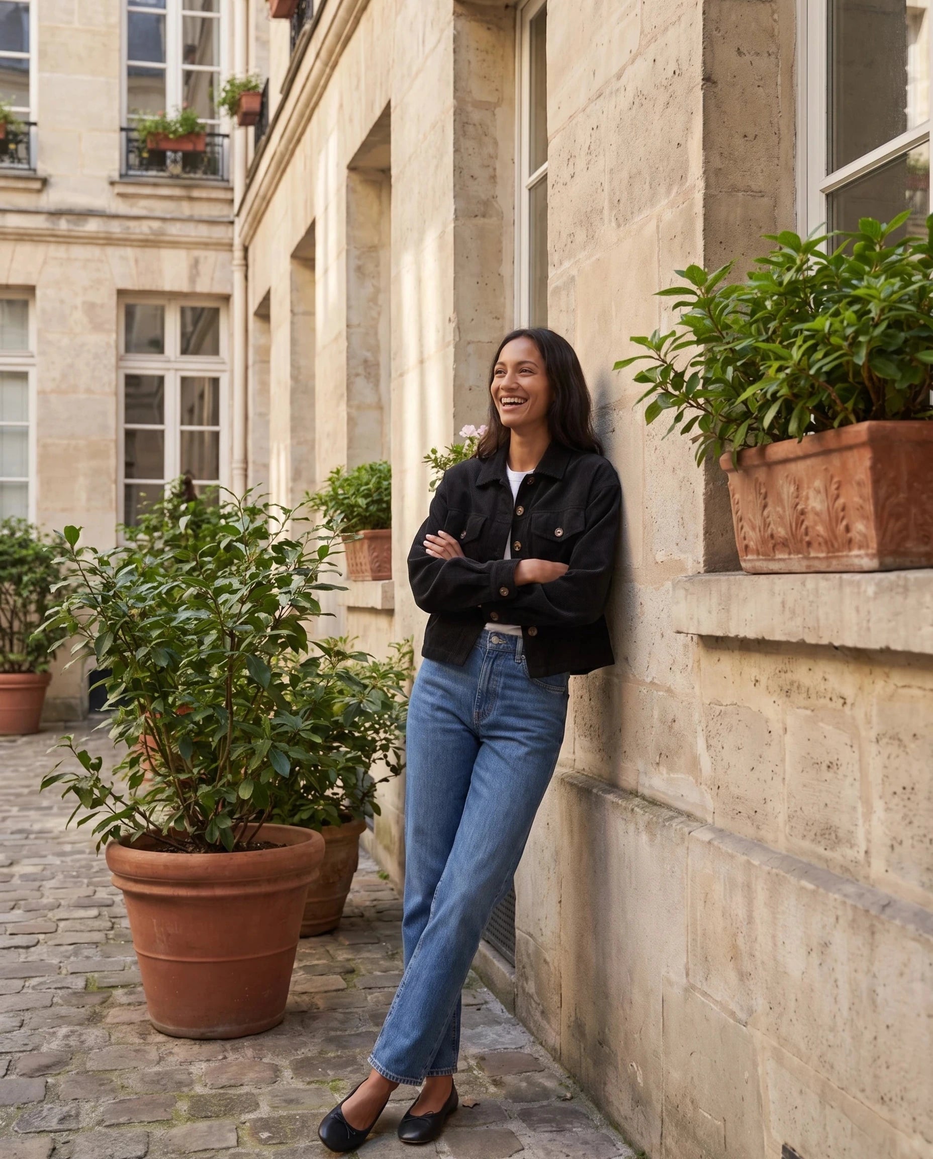 Veste chemise en velours côtelé noire Josette, portée dans une cour d'immeuble haussmannien
