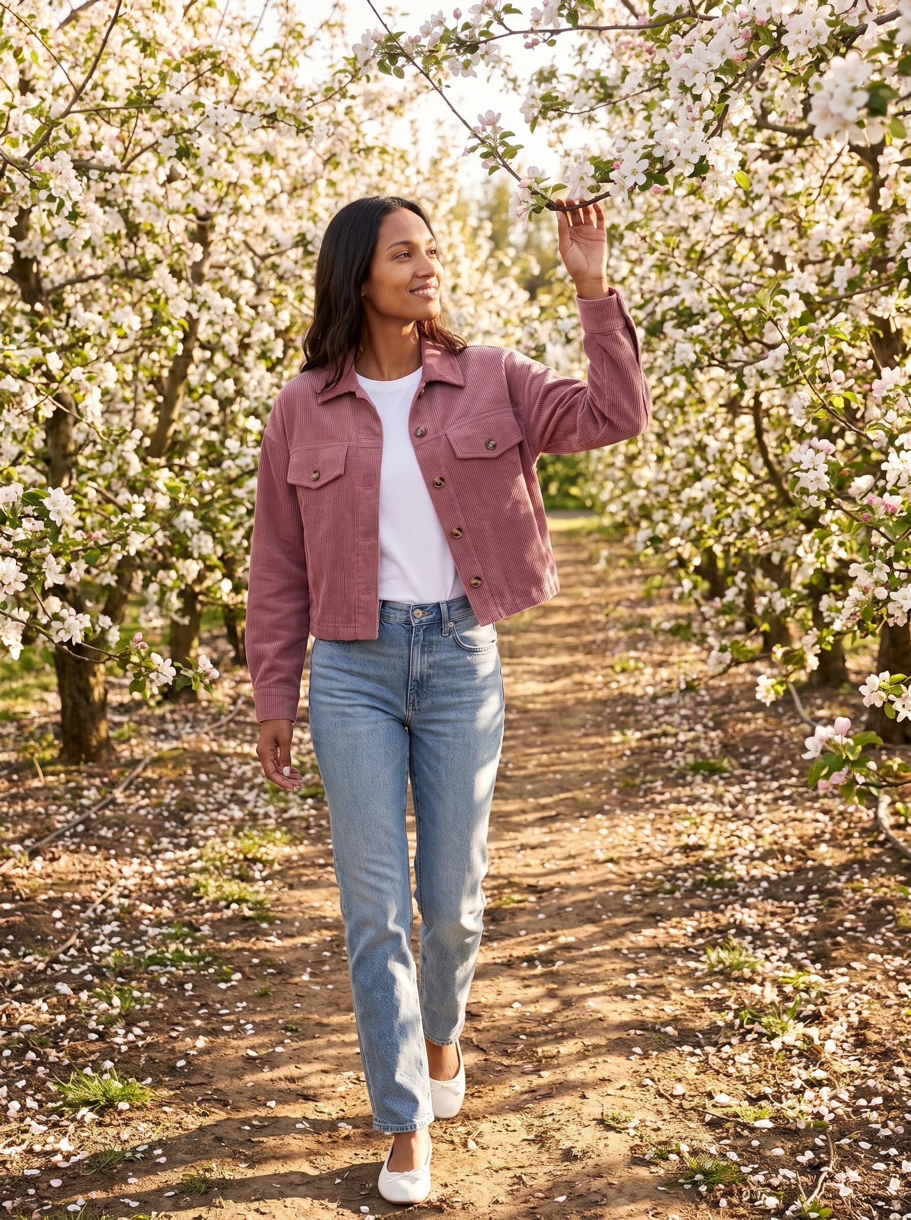 Veste chemise en velours côtelé vieux rose Josette, portée dans un verger en fleurs