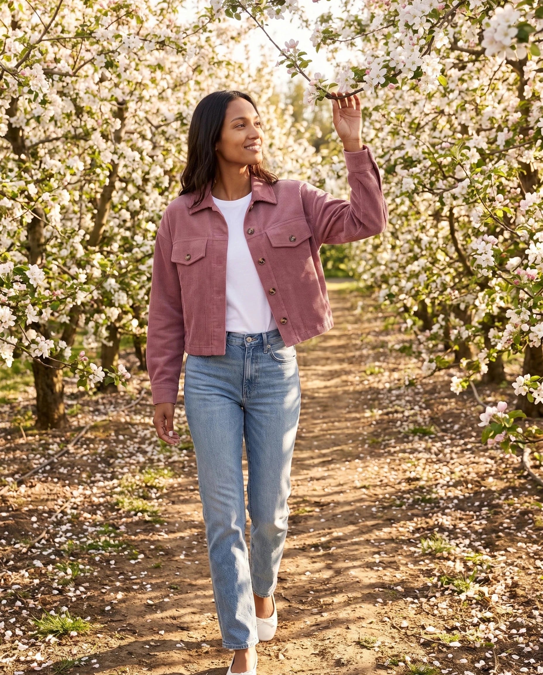 Veste chemise en velours côtelé vieux rose Josette, portée dans un verger en fleurs