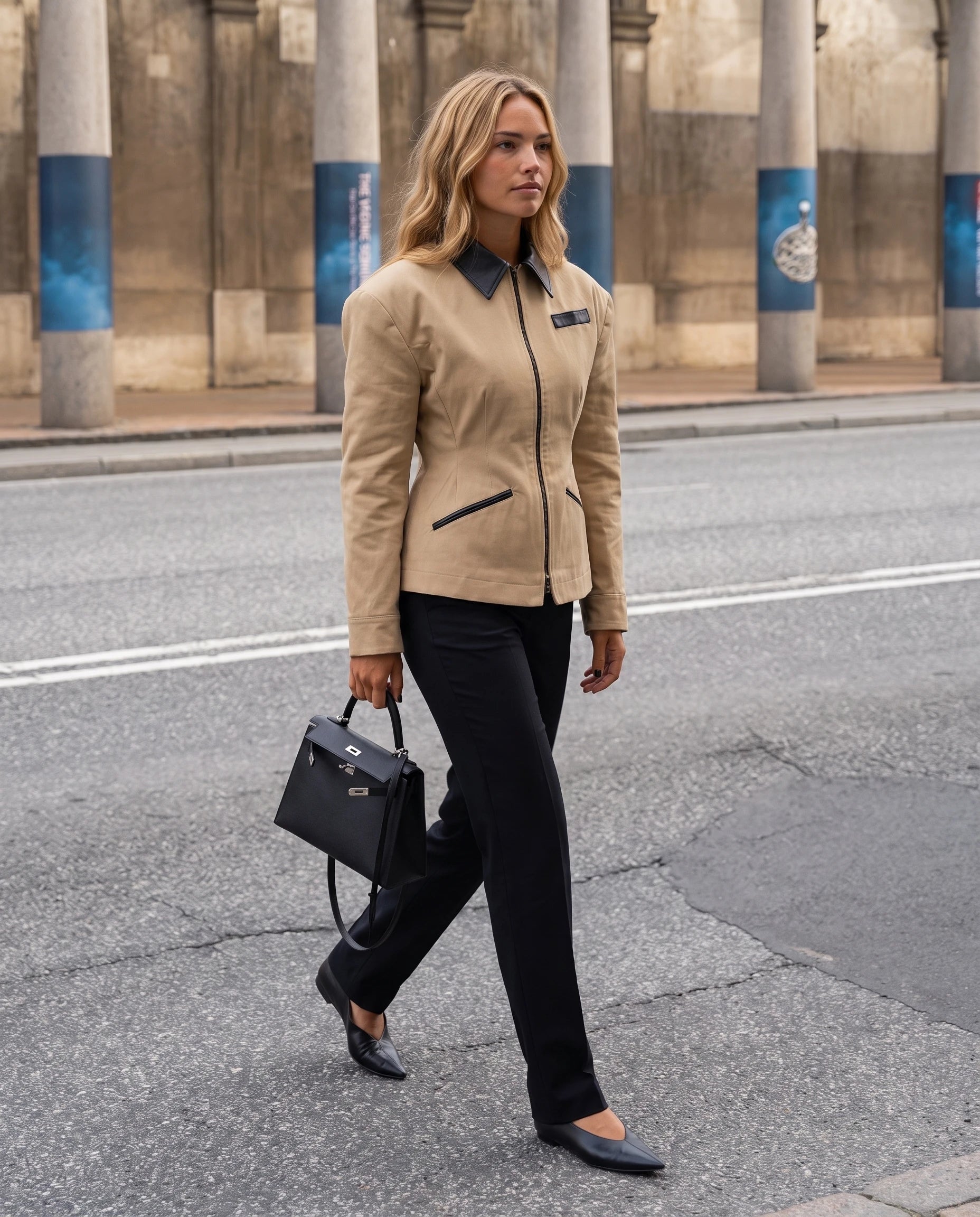 Veste cintrée à empiècements simili Charlotte, en marche dans la rue en plein pied