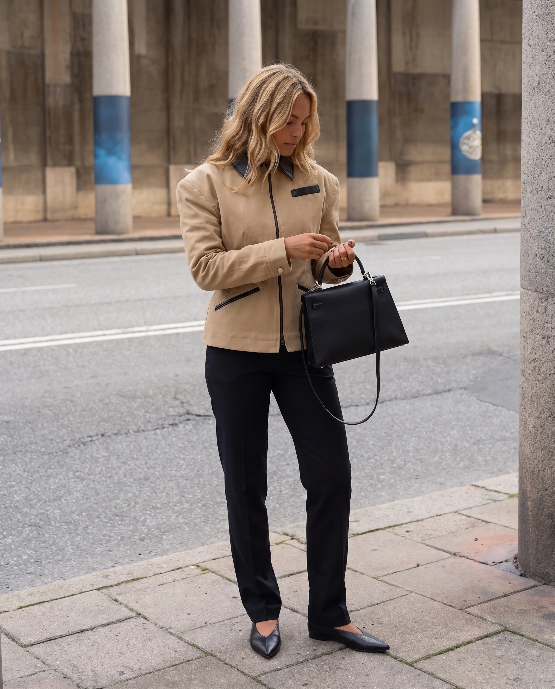 Veste cintrée à empiècements simili Charlotte, portée avec un sac noir