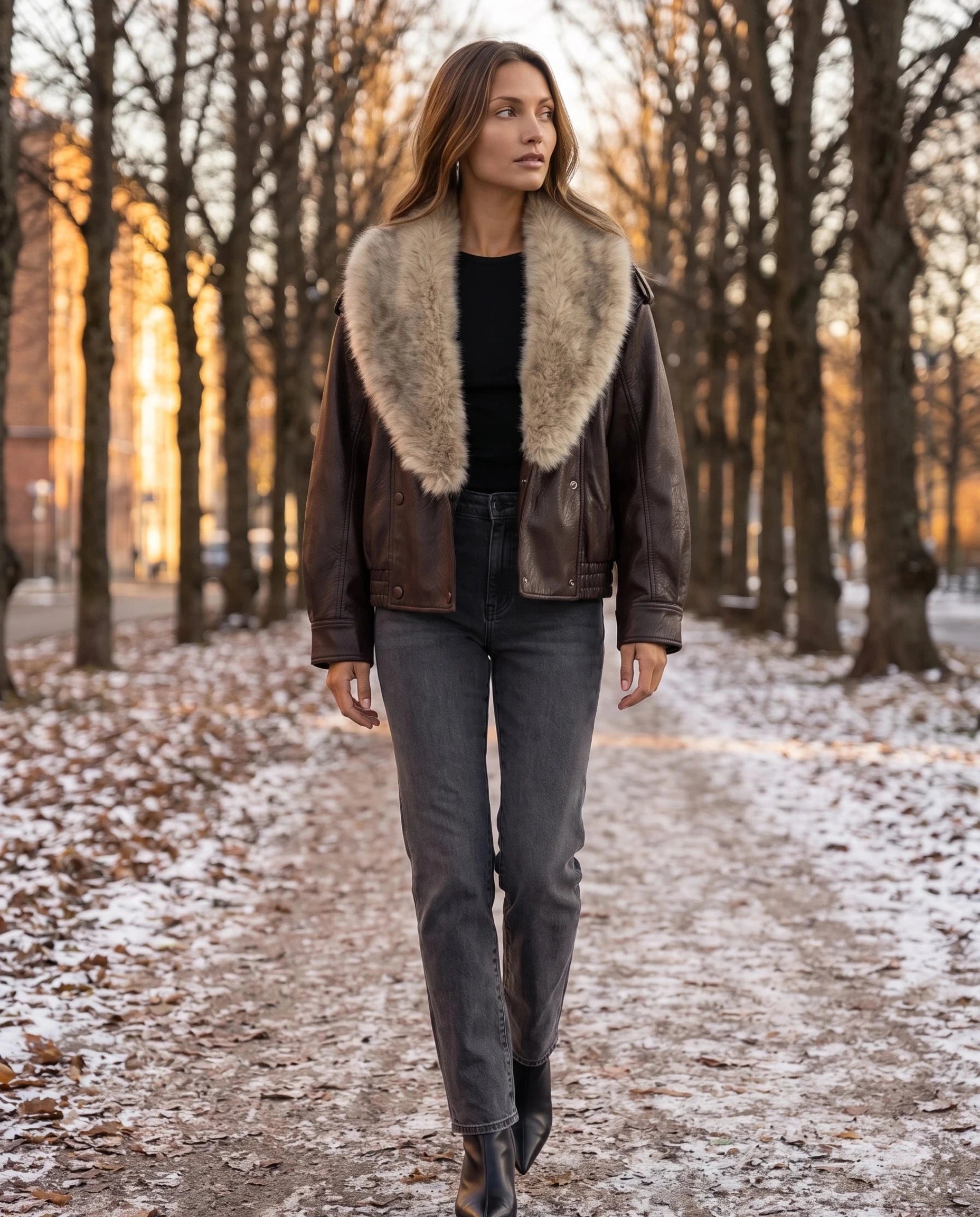 Veste simili marron à col fausse fourrure Honorée, portée sur une avenue d'hiver