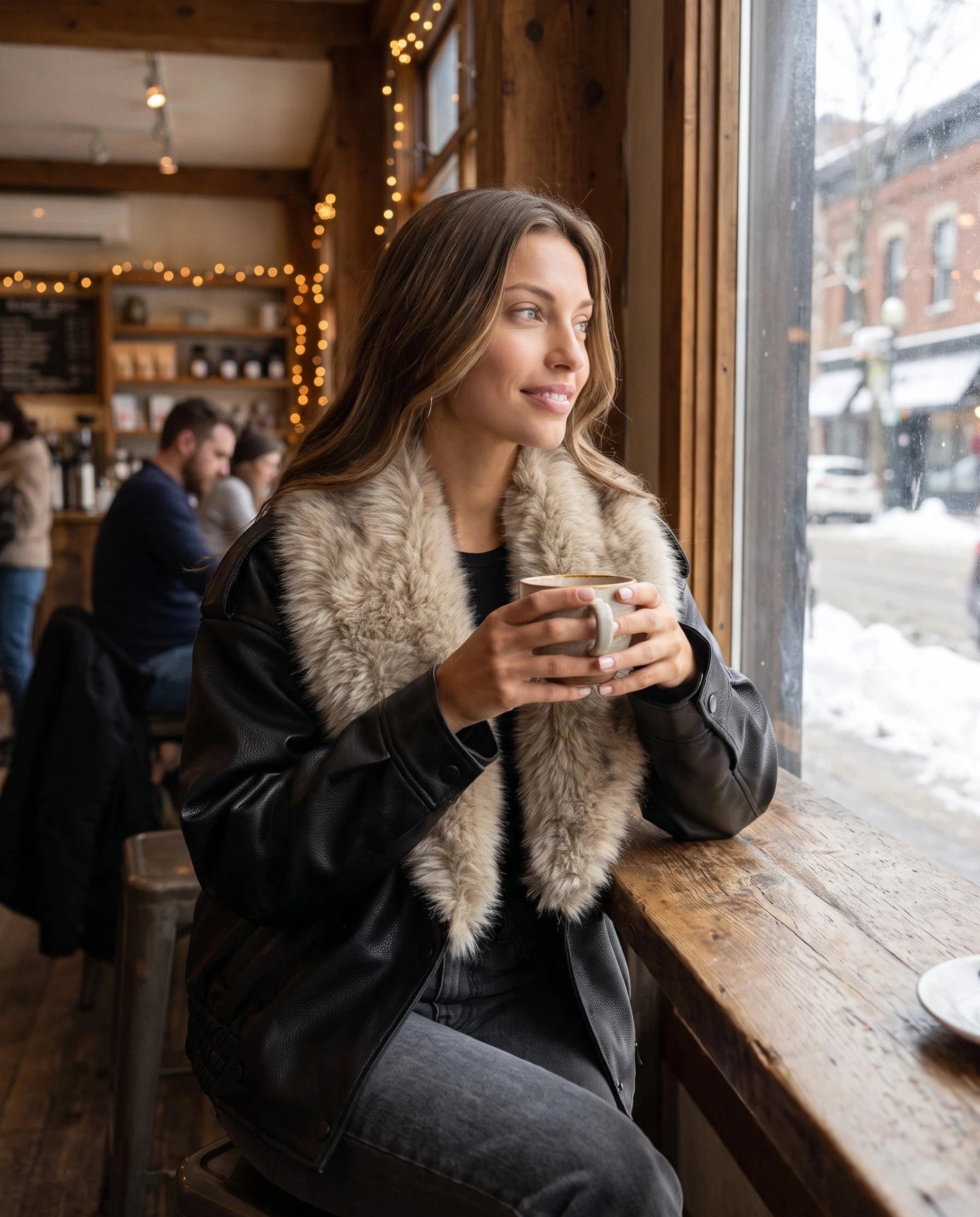 Veste simili noire à col fausse fourrure Honorée, portée dans un café d'hiver