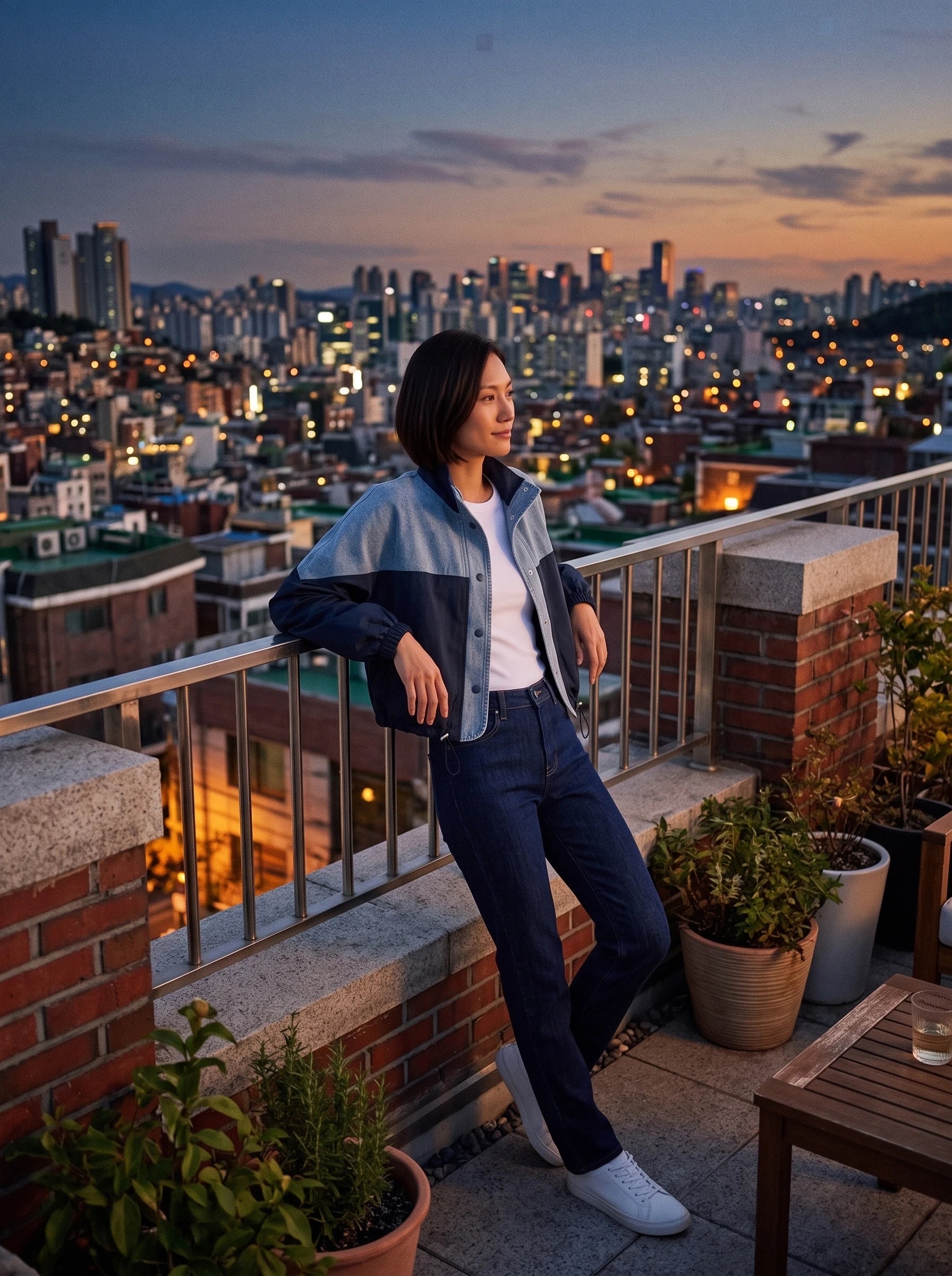Veste color-block denim bleu marine Bertrande, portée sur un rooftop au crépuscule