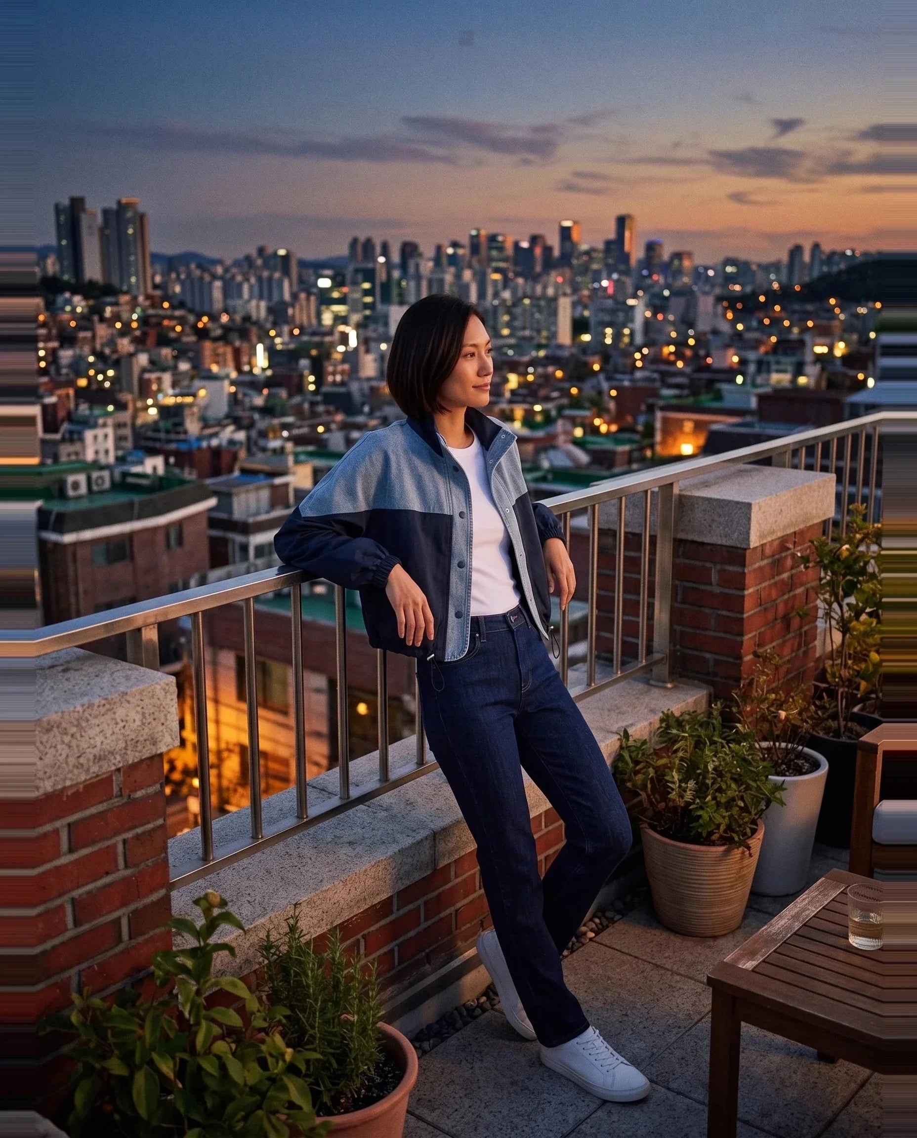 Veste color-block denim bleu marine Bertrande, portée sur un rooftop au crépuscule