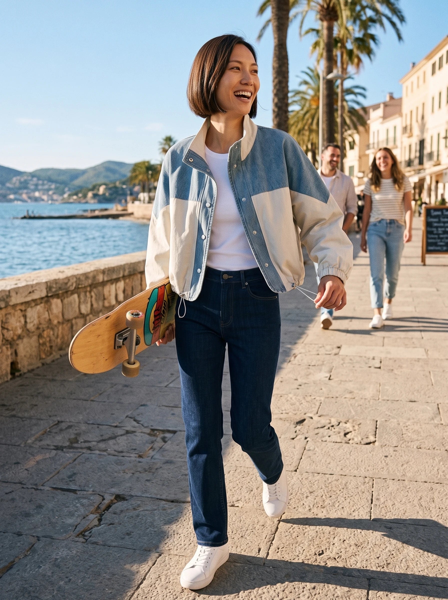 Veste color-block denim écru Bertrande, portée sur une promenade en bord de mer