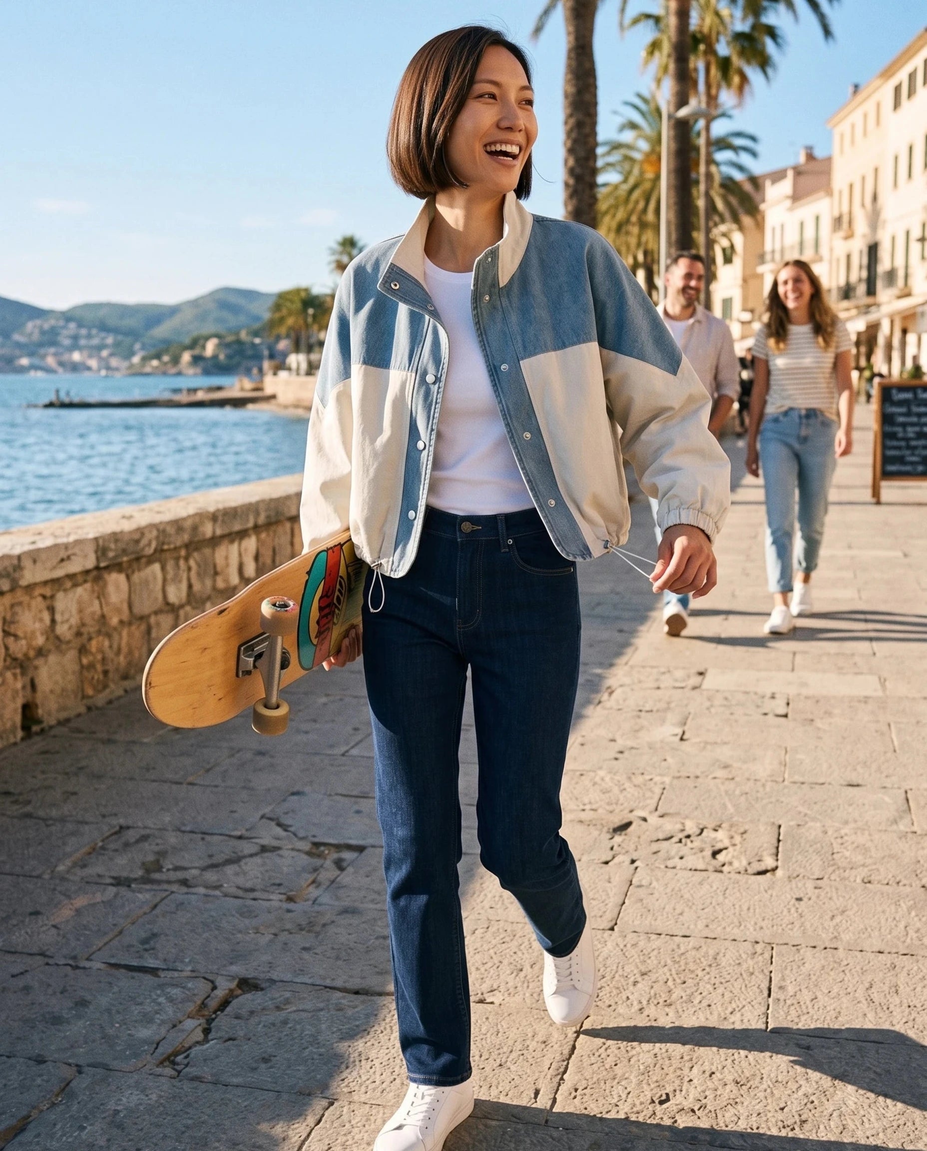 Veste color-block denim écru Bertrande, portée sur une promenade en bord de mer