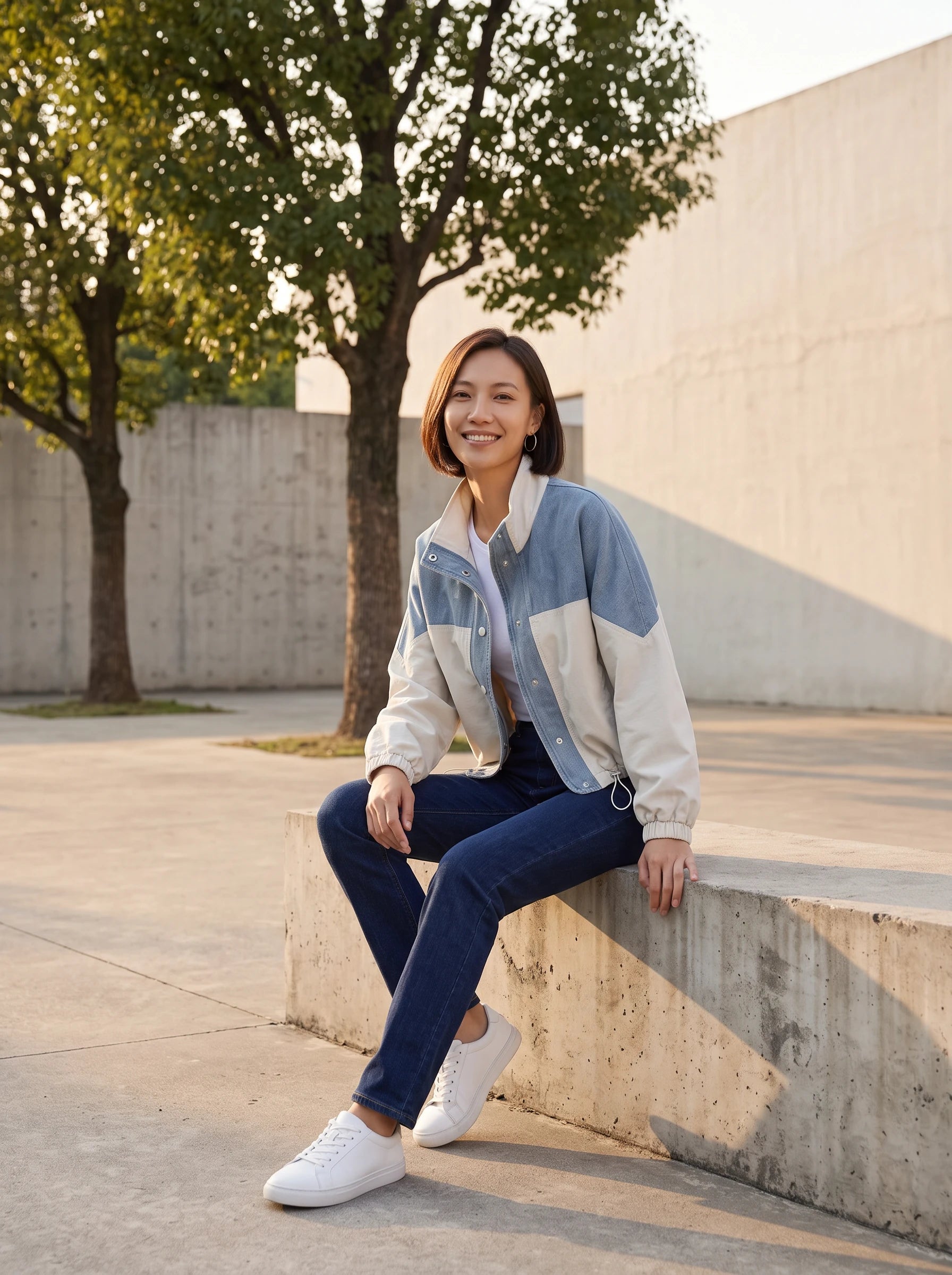Veste color-block denim écru Bertrande, portée dans un parc urbain au soleil couchant