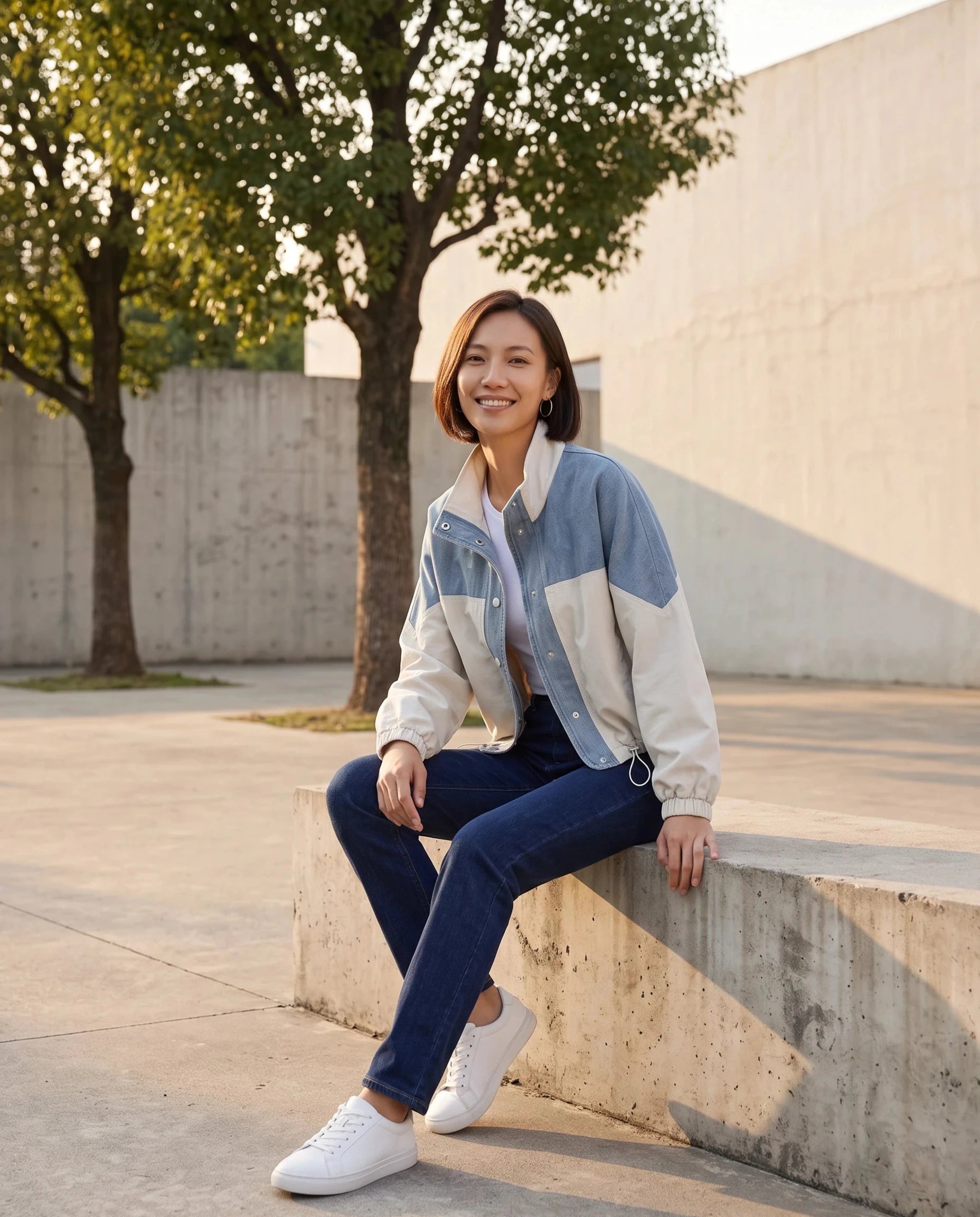 Veste color-block denim écru Bertrande, portée dans un parc urbain au soleil couchant