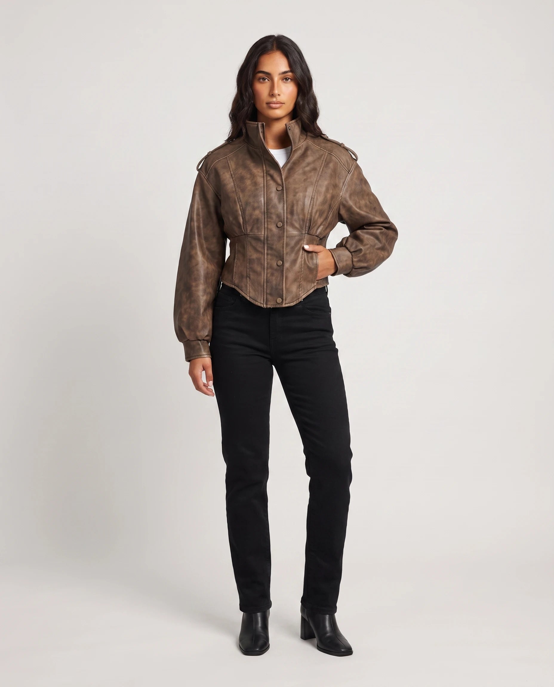 Veste corset en simili marron vintage Fauve, vue de face en studio