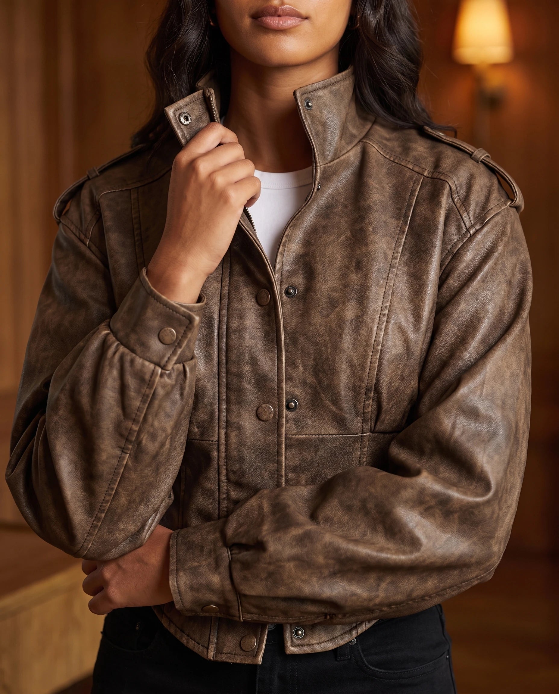 Veste corset en simili marron Fauve, détail du col montant et des pressions
