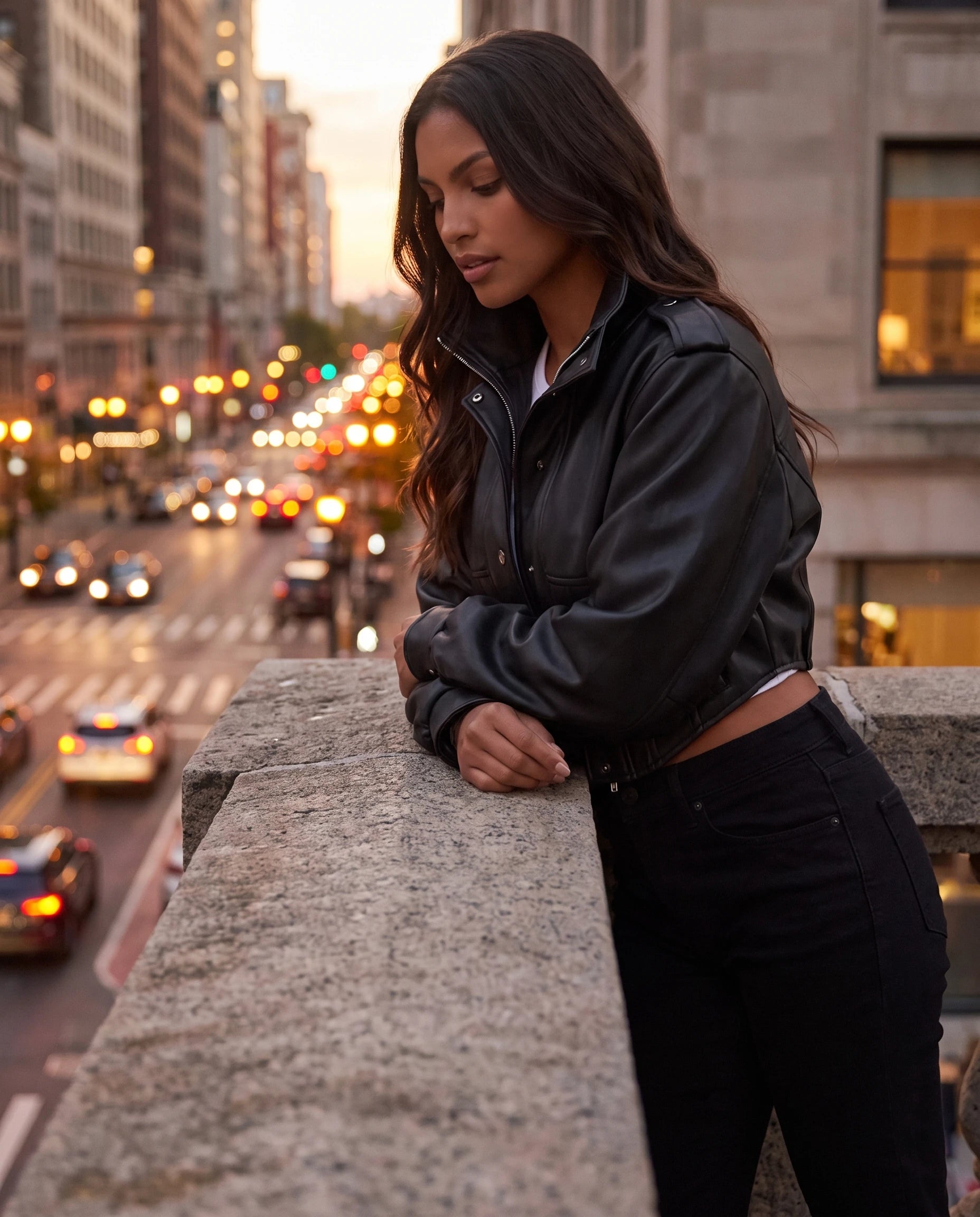 Veste corset en simili noir Fauve, accoudée au-dessus de la ville au crépuscule