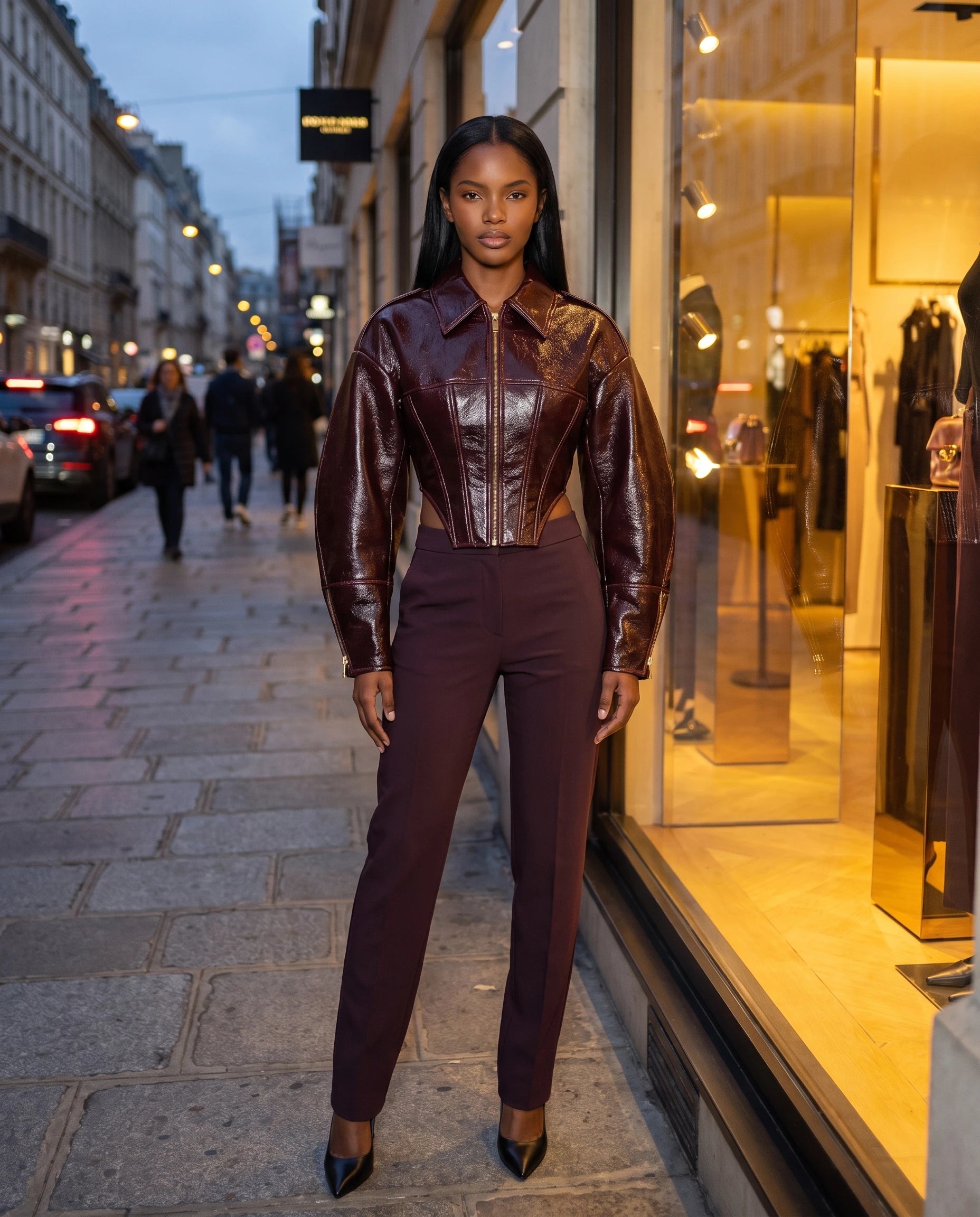 Veste corset vernie bordeaux Carmen, devant une vitrine chic au crépuscule