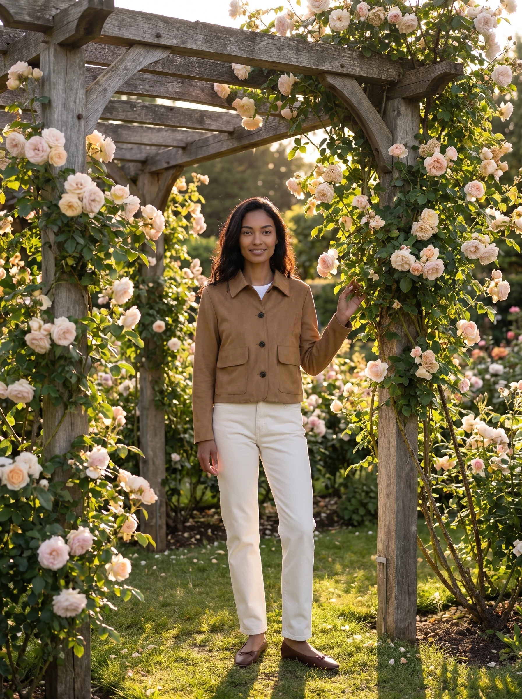 Veste courte en suédine camel Georgine, portée sous une pergola de roses