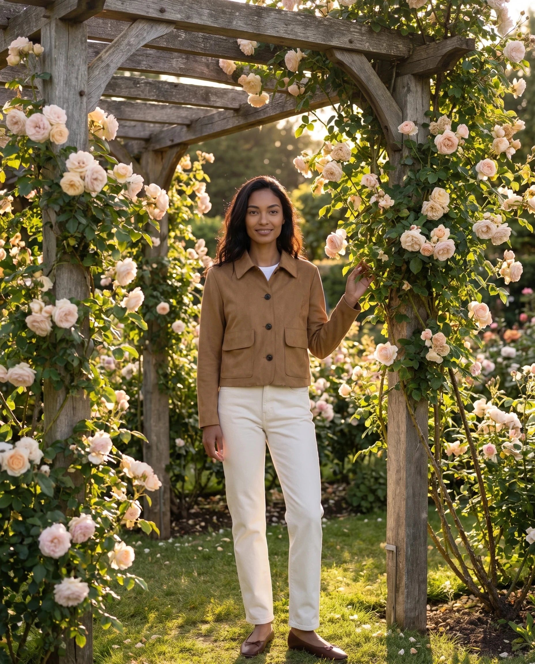 Veste courte en suédine camel Georgine, portée sous une pergola de roses