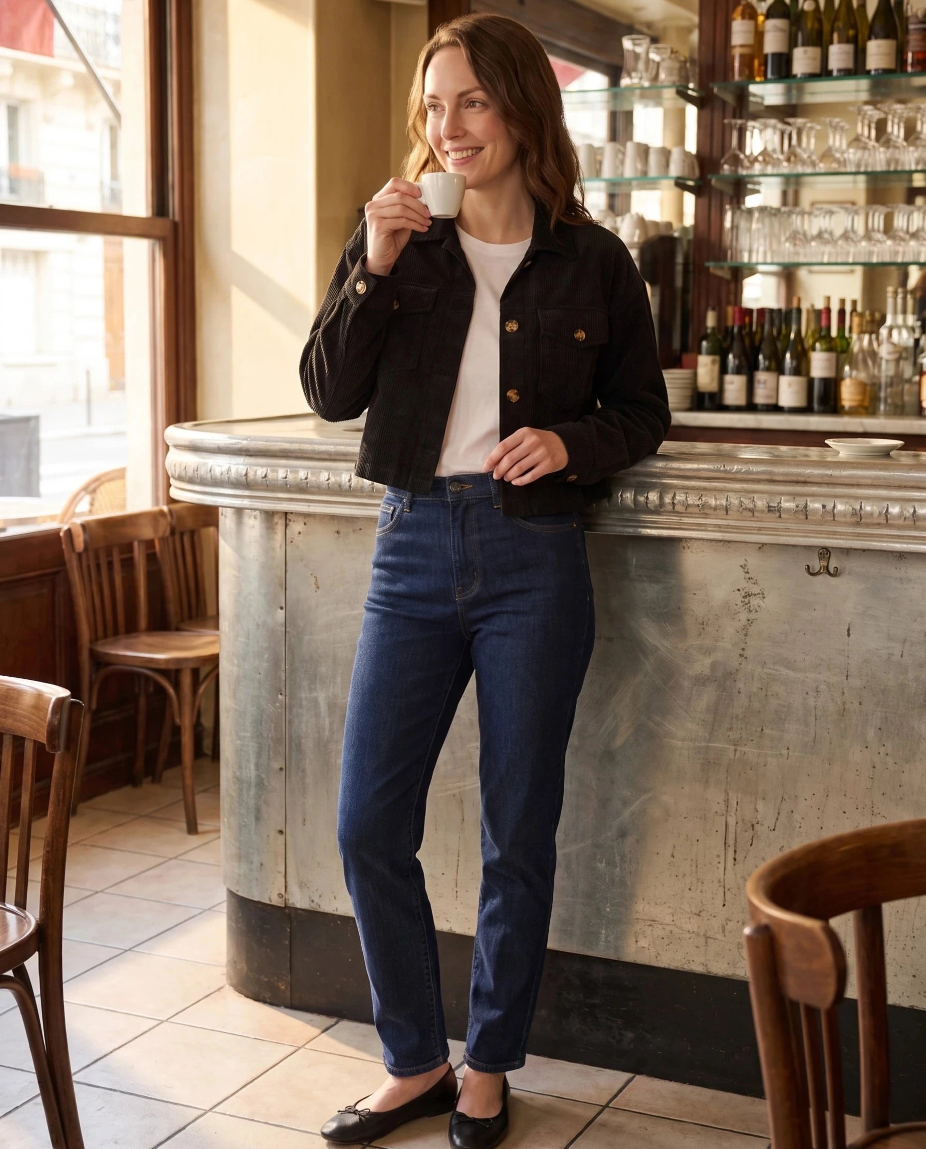 Veste courte en velours côtelé noire Simone, portée au comptoir d'un café parisien