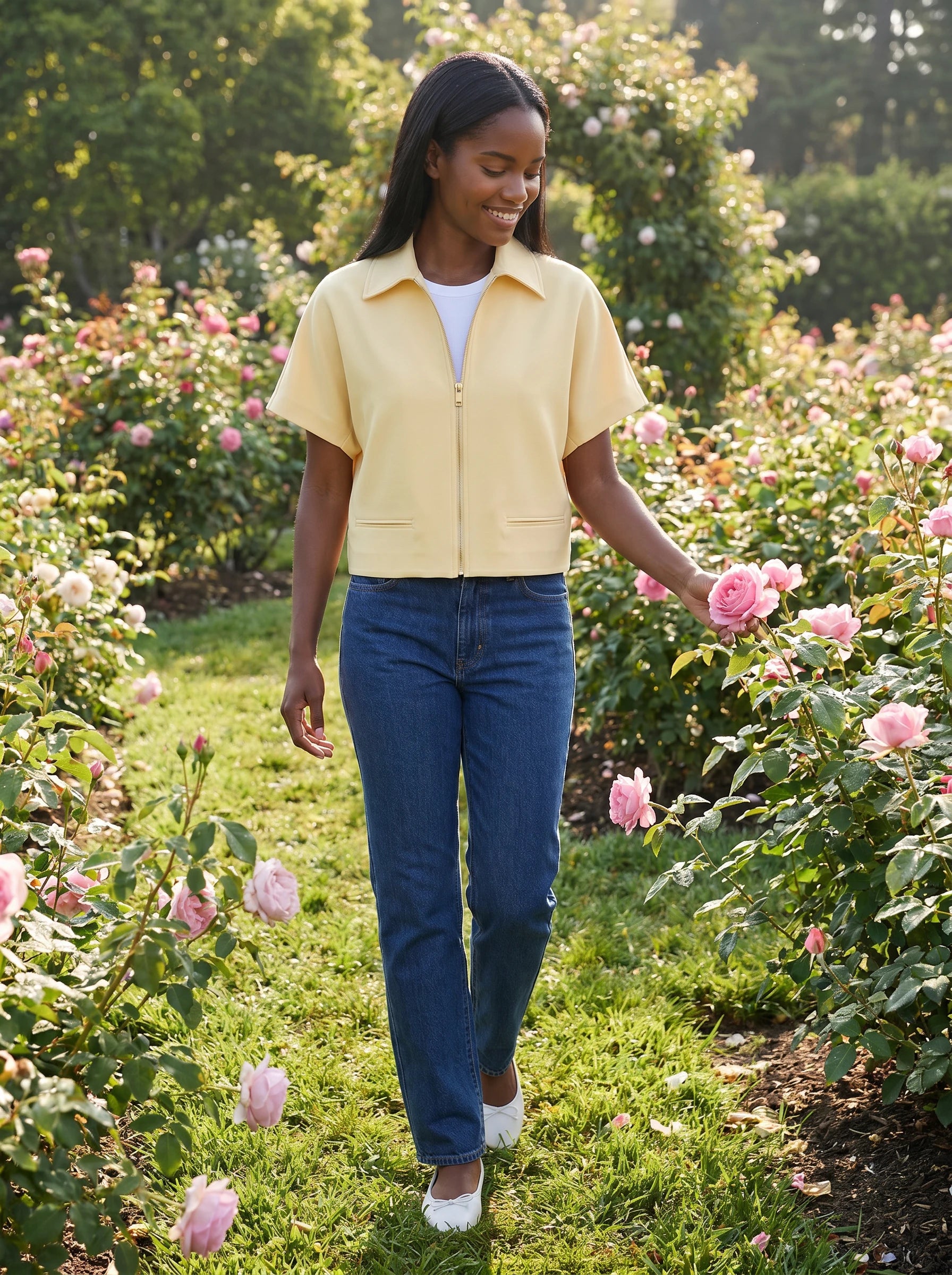 Veste courte zippée jaune pâle Gilberte, portée dans un jardin de roses au matin