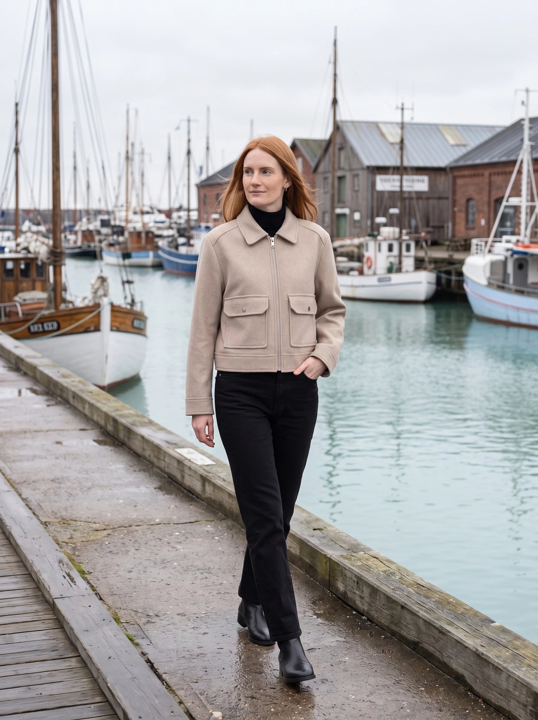 Veste courte en lainage beige Solveig, portée sur un quai de port nordique