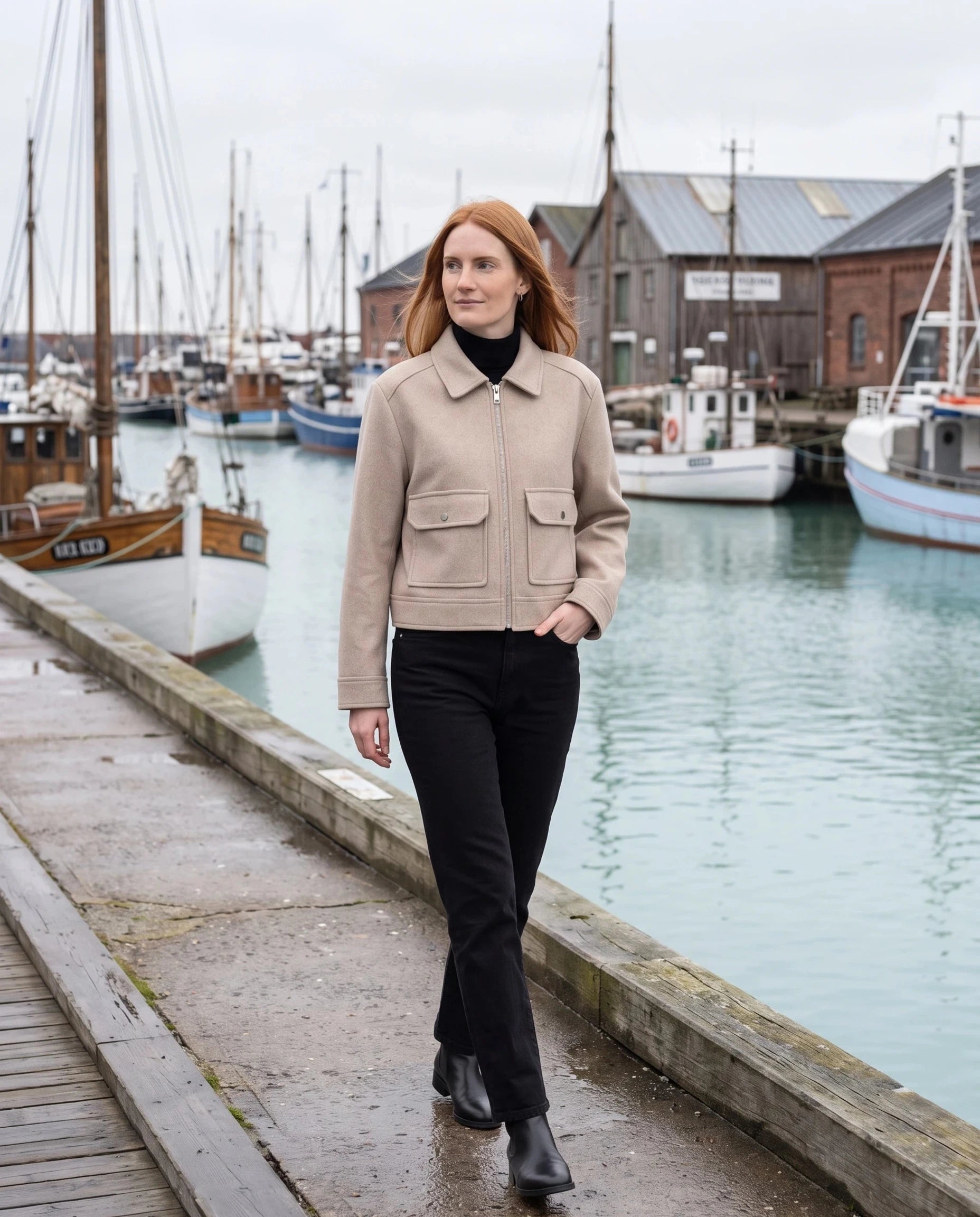 Veste courte en lainage beige Solveig, portée sur un quai de port nordique
