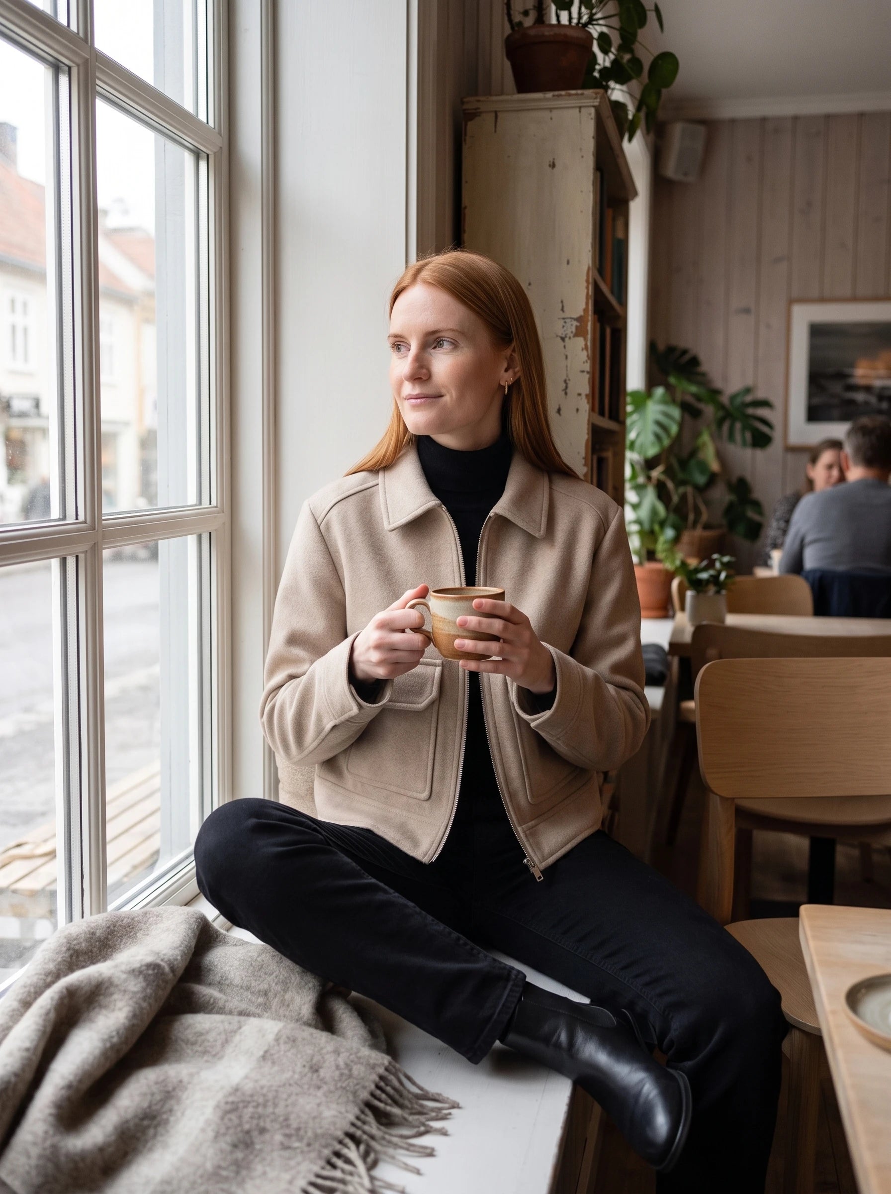 Veste courte en lainage beige Solveig, portée dans un café scandinave