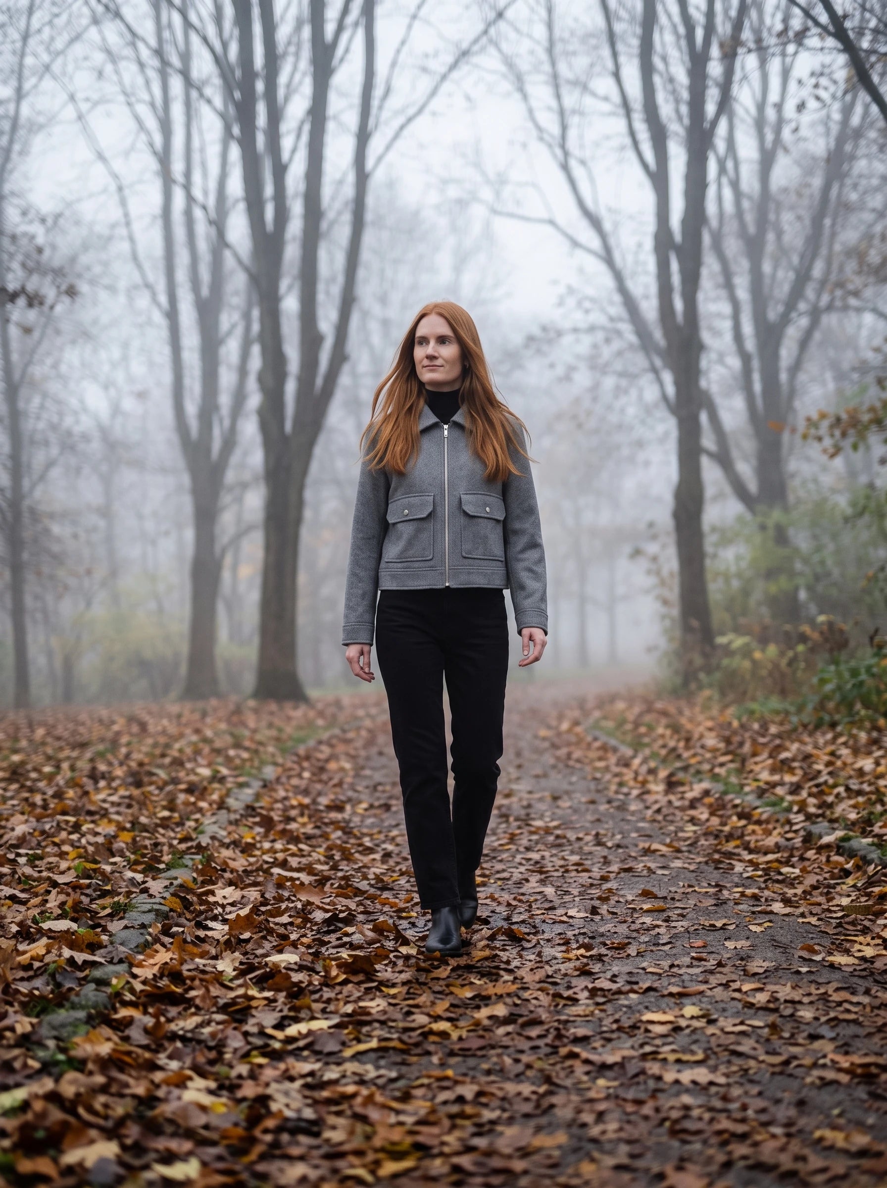 Veste courte en lainage gris chiné Solveig, portée dans un parc brumeux en automne