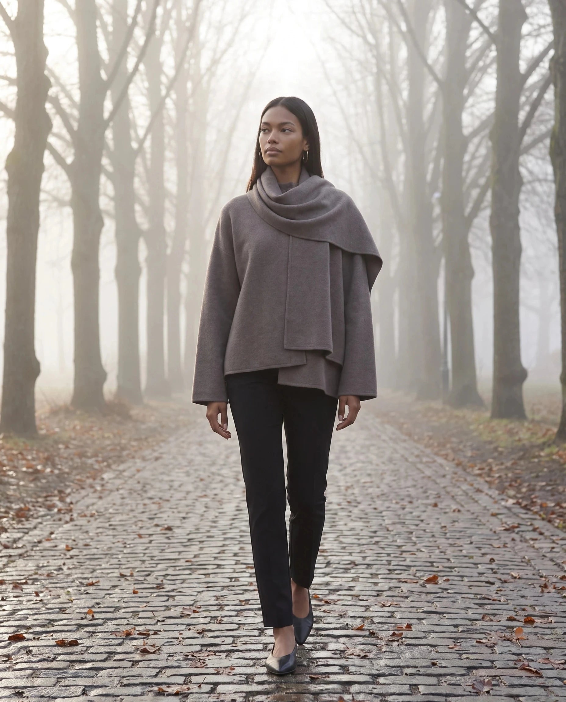 Veste en maille taupe Méline, portée dans une allée d'arbres sous la brume du matin