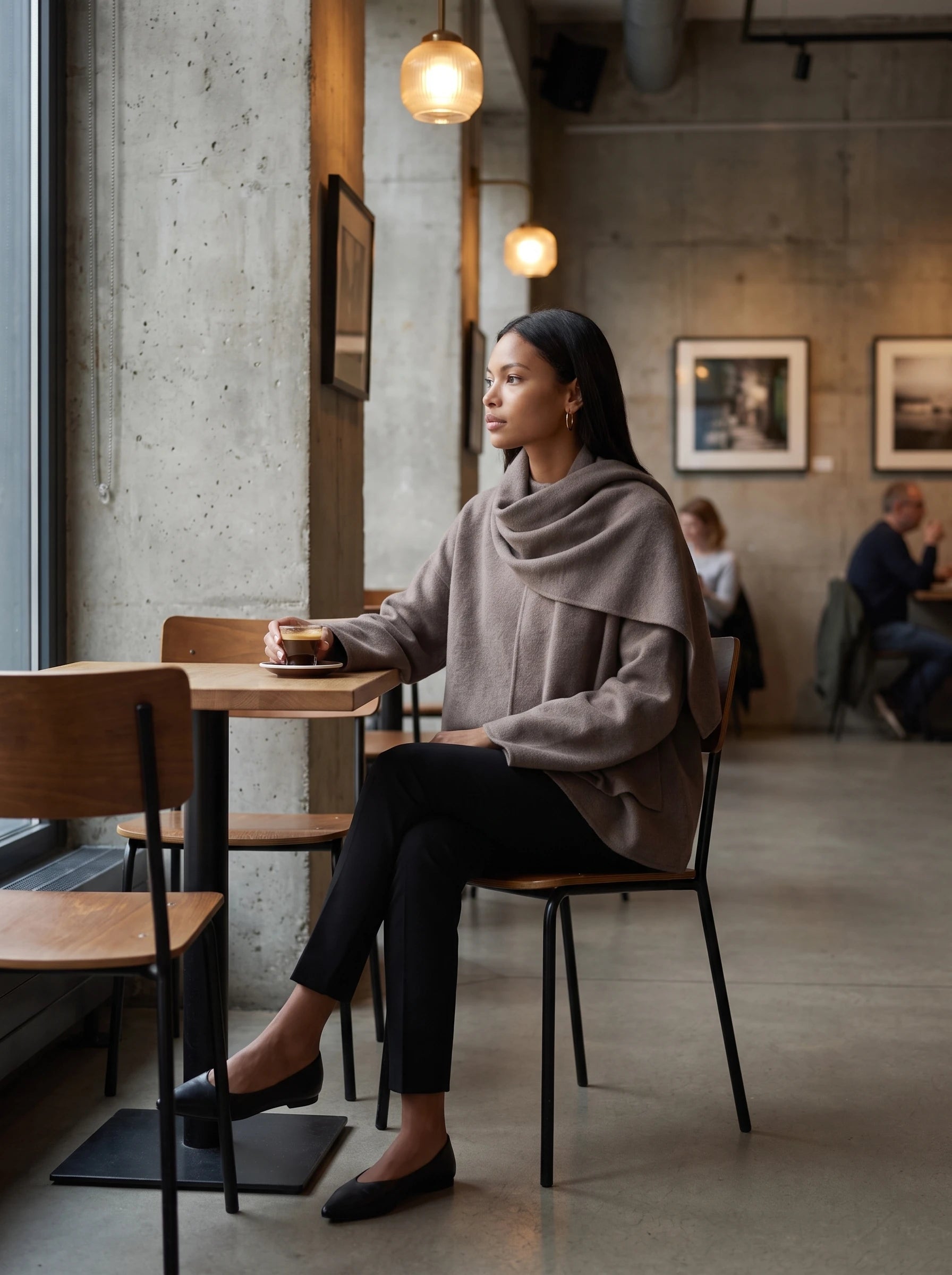 Veste en maille taupe Méline, portée assise dans un café-galerie