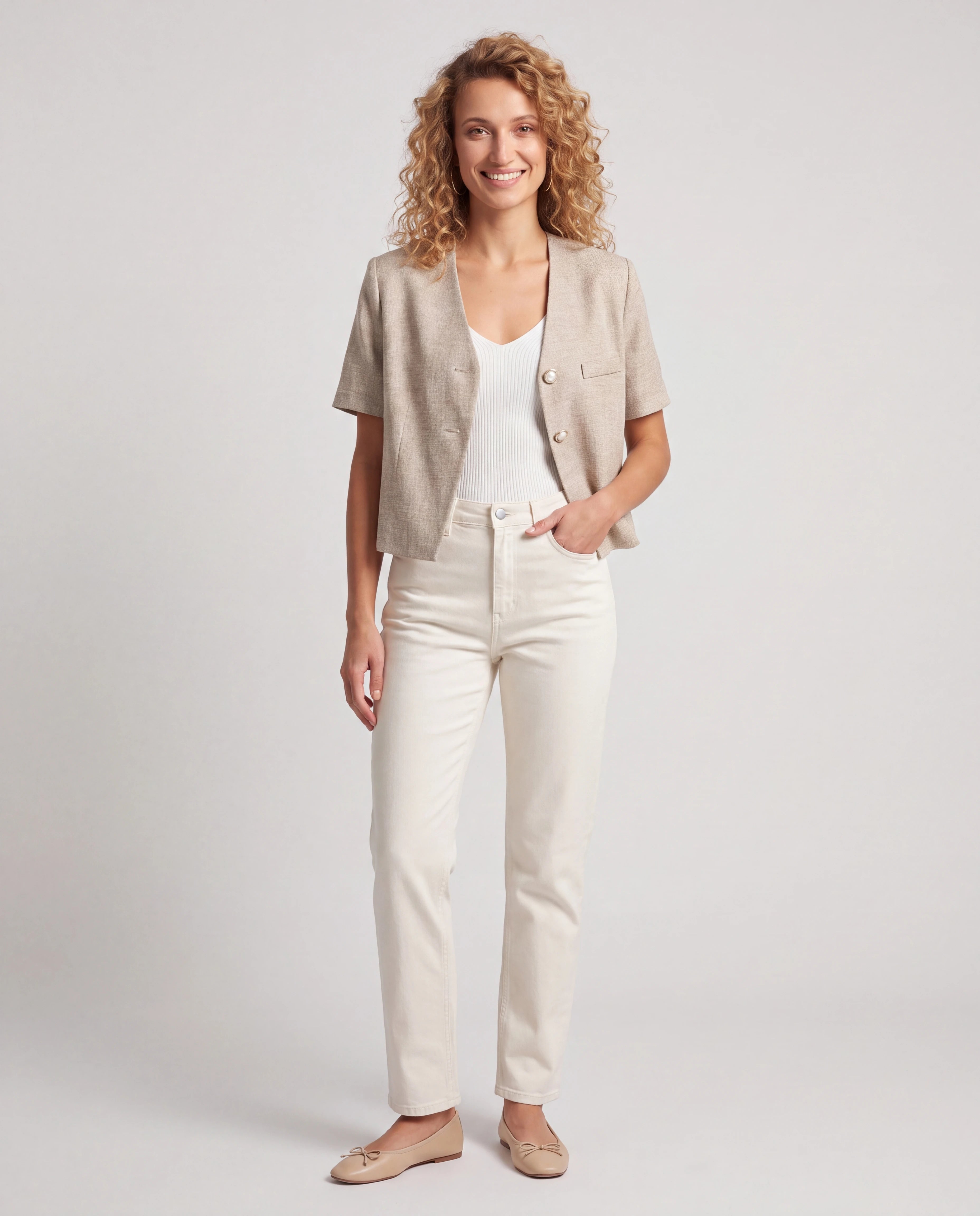 Veste d'été col V en tissé chiné beige Mireille, vue de face en studio