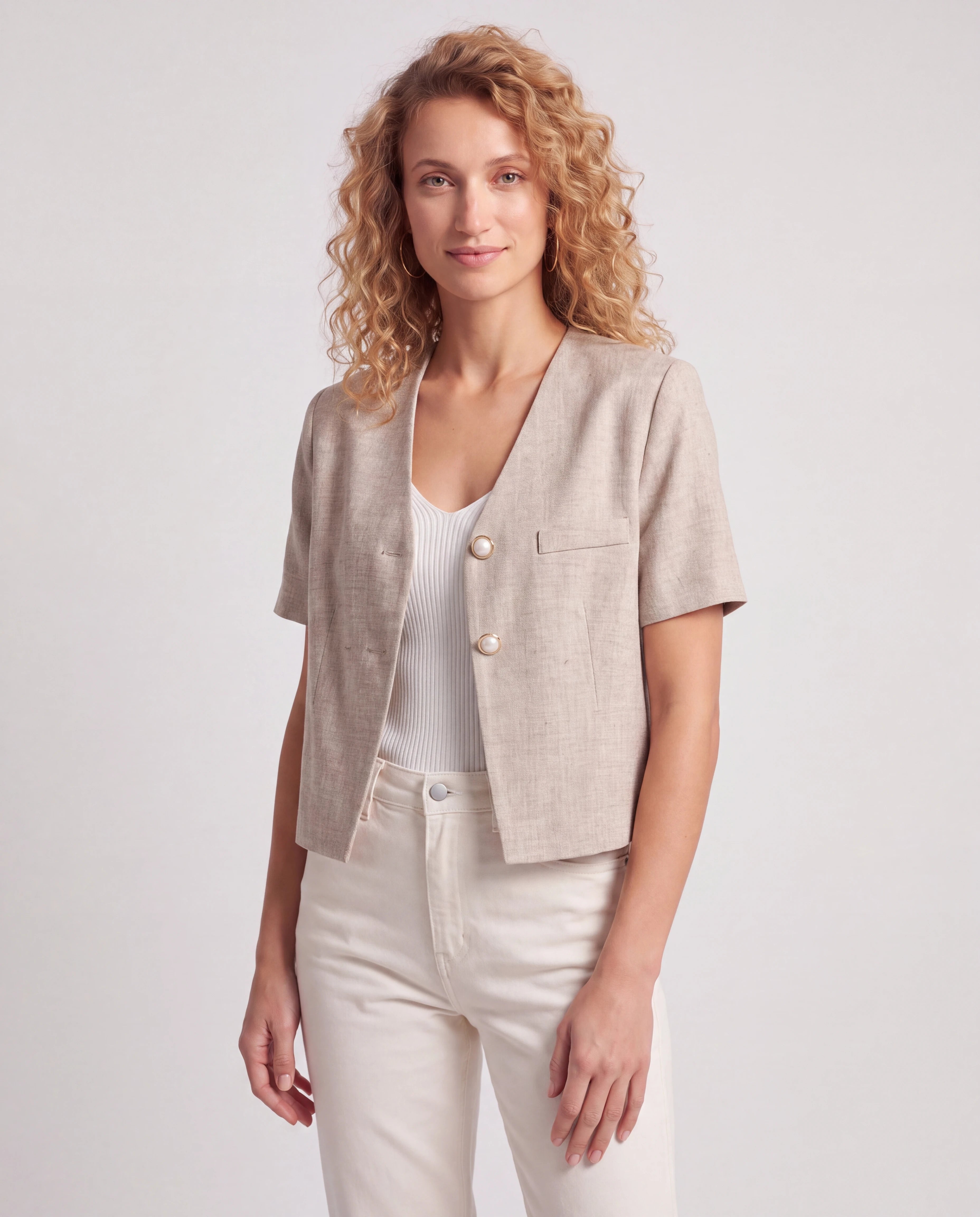 Veste d'été col V en tissé chiné beige Mireille, vue de trois quarts en studio