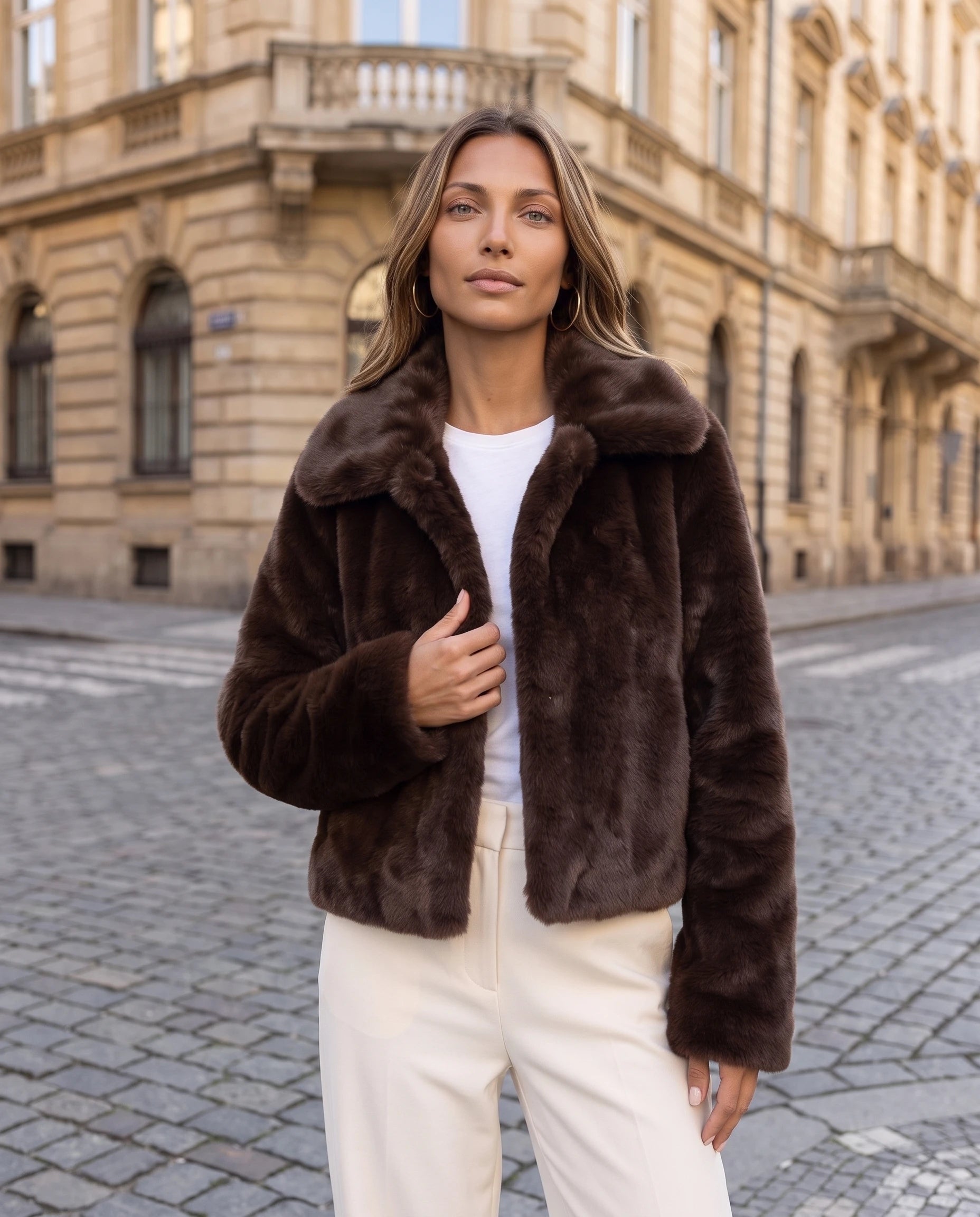 Veste courte en fausse fourrure chocolat Edwige, portée en ville de trois quarts