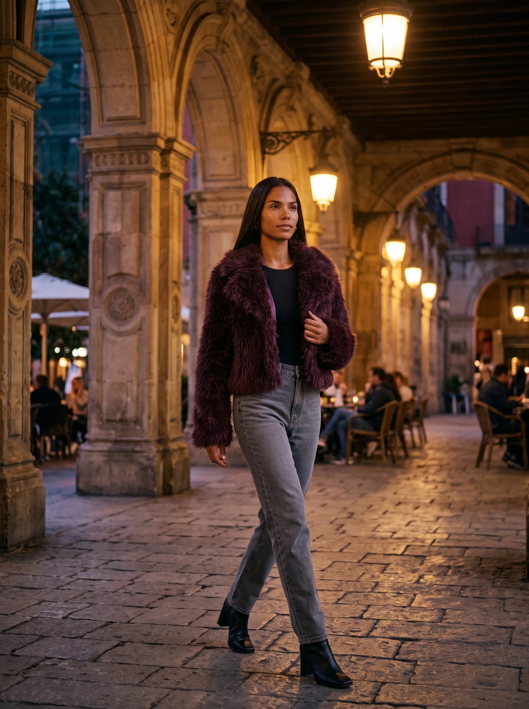 Veste en fausse fourrure bordeaux Léonilde, portée sous des arcades le soir