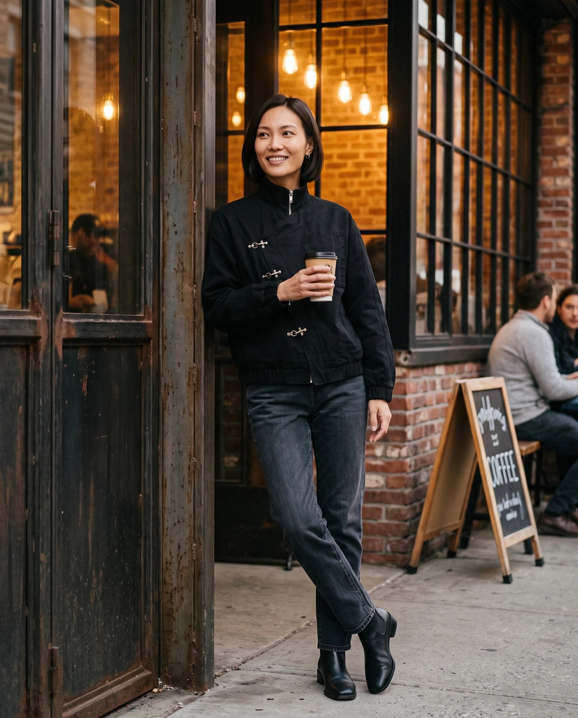 Veste zippée à fermoirs pompier noire Ingrid, devant un café industriel