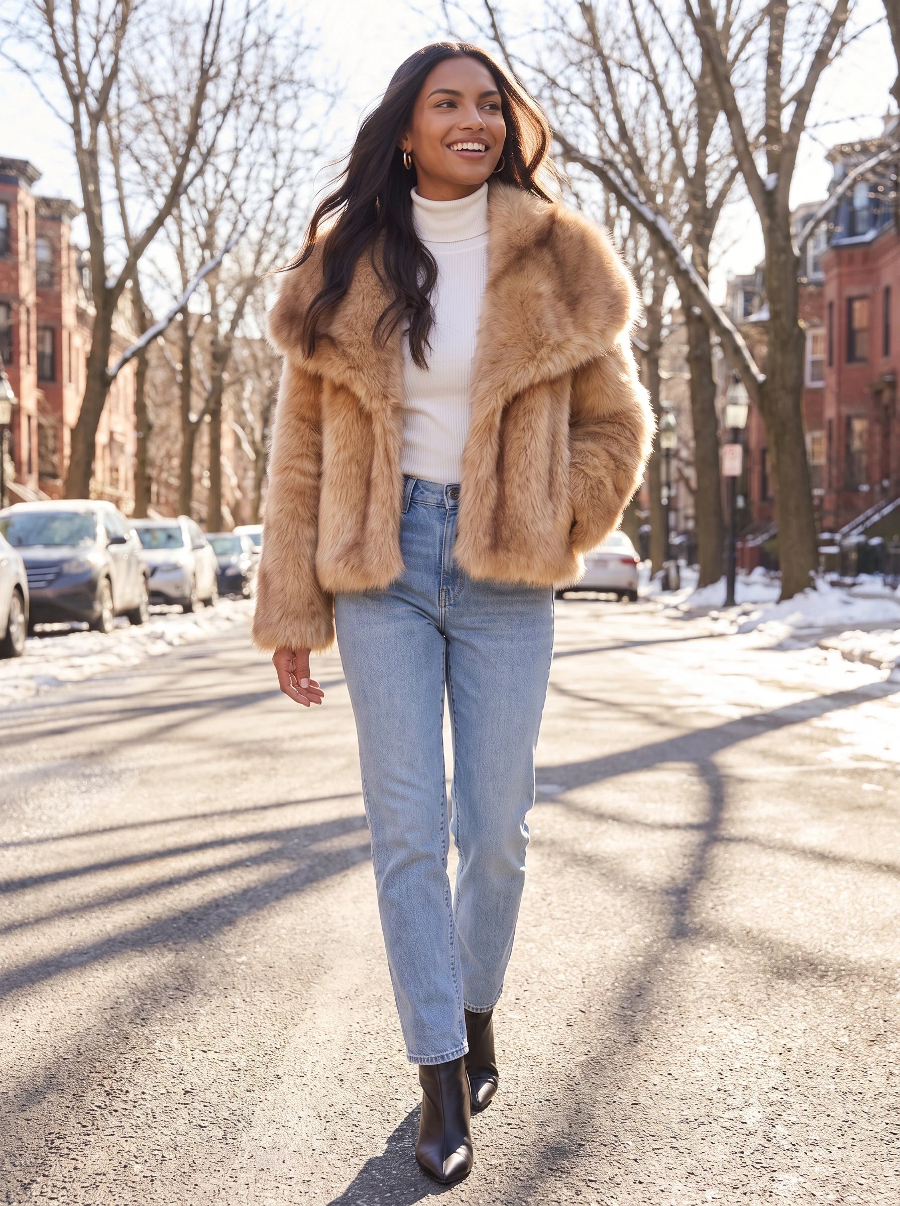 Veste fausse fourrure camel Nine, portée dans une avenue bordée d'arbres en hiver