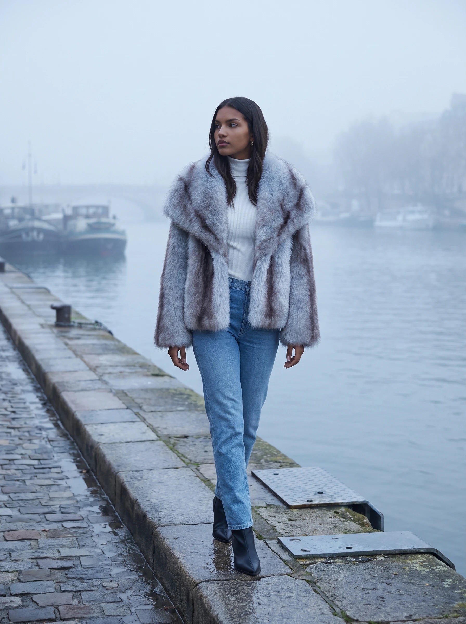 Veste fausse fourrure gris givré Nine, portée sur un quai dans la brume
