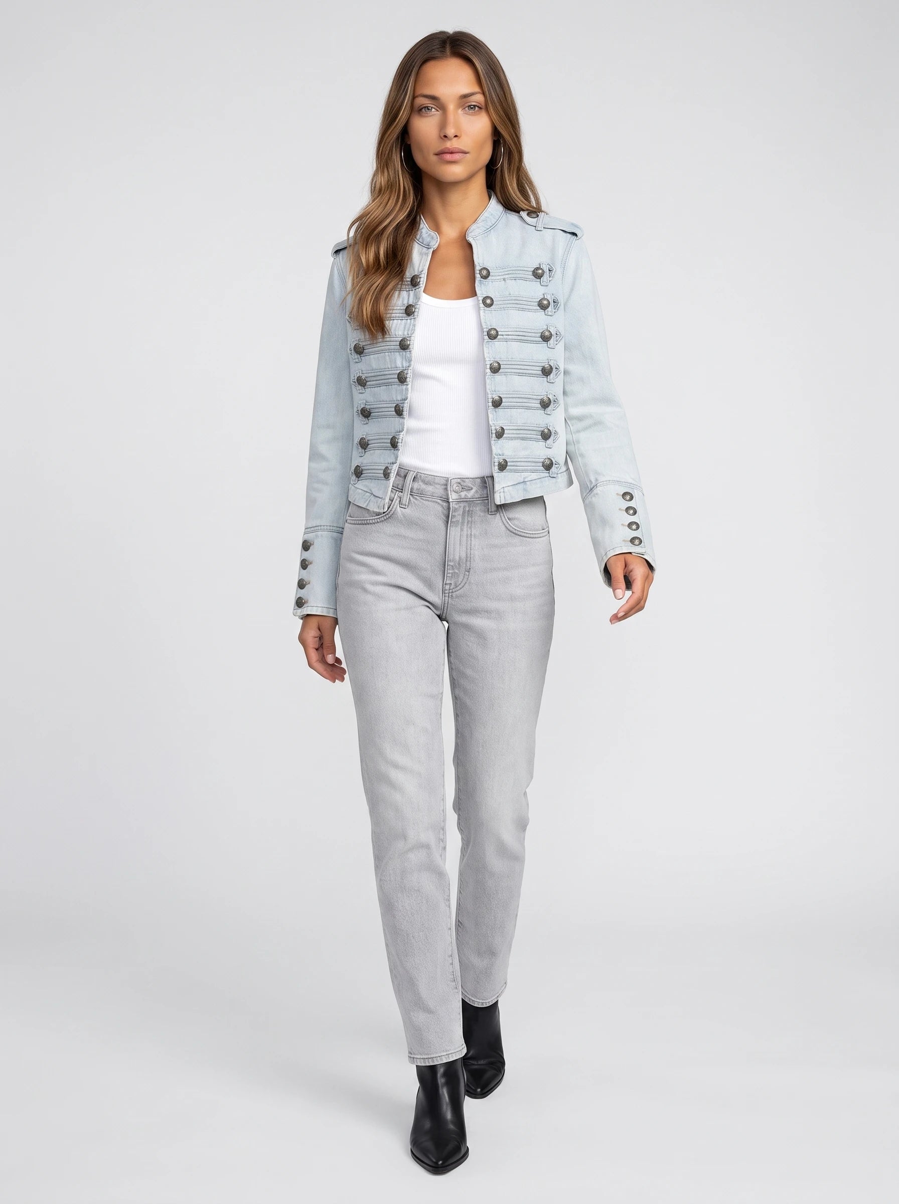 Veste en jean esprit officier bleu clair Rosemonde, vue de face en studio